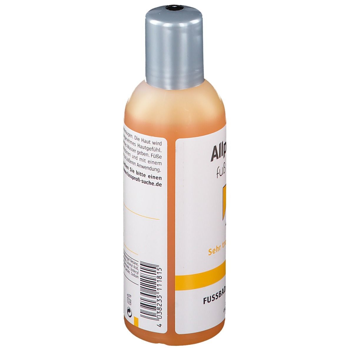 Flacon Allpresan Fuß spezial Nr. 3, concentré pour bain de pieds. Liquide orange, bouchon argenté. Inscription: Peau très sèche.