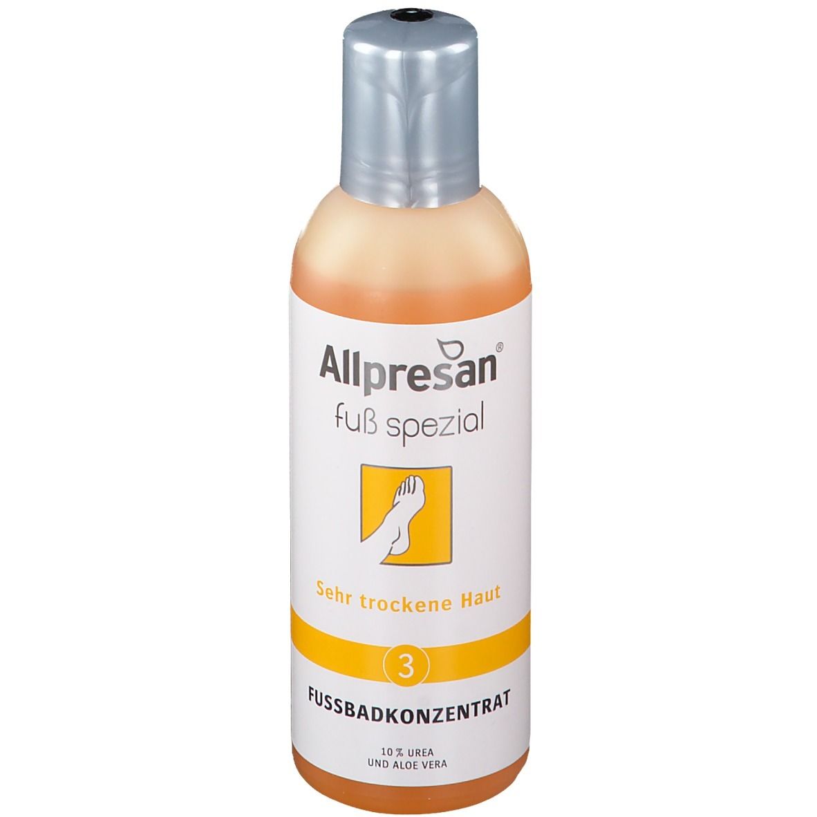 Flacon Allpresan Fuß spezial Nr. 3, concentré pour bain de pieds. Liquide orange, bouchon argenté. Inscription: Peau très sèche.
