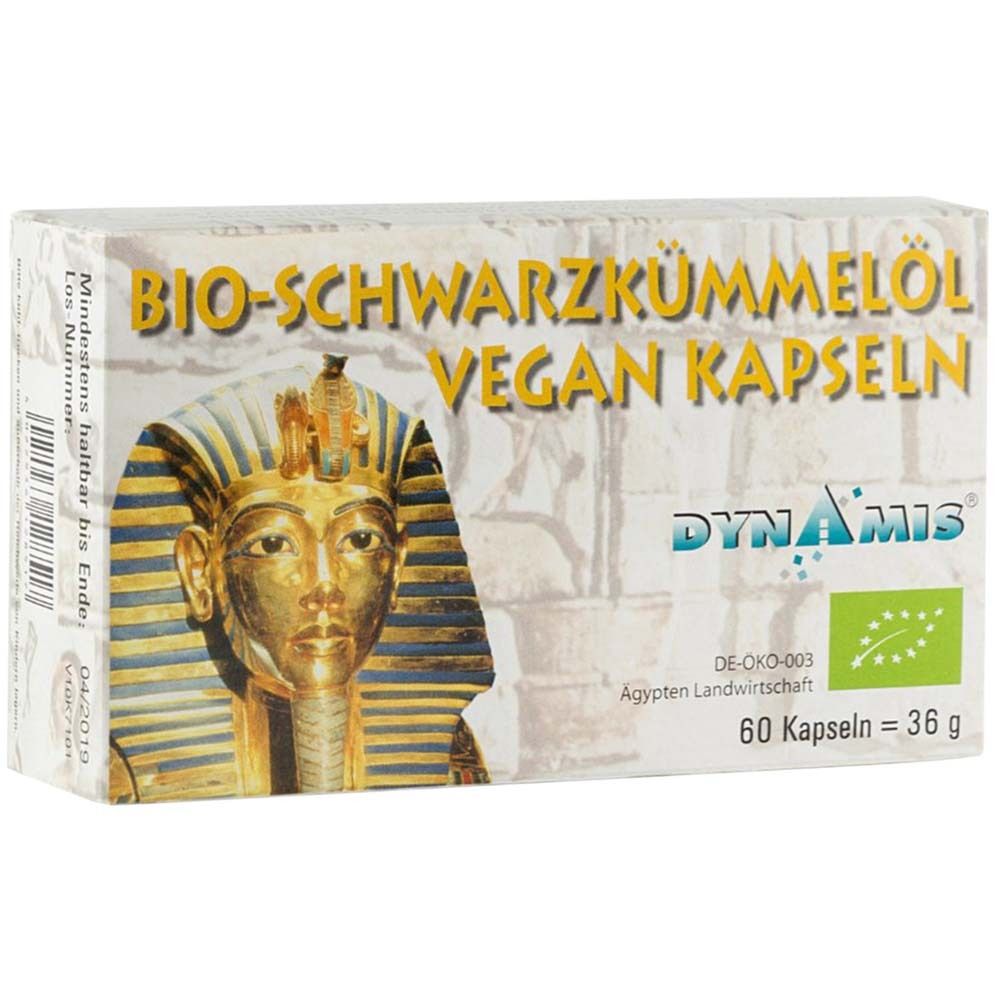 Boîte de gélules. Inscription : BIO-Schwarzkümmelöl Vegan Kapseln. Image de Toutankhamon. Logo Dynamis et label bio.