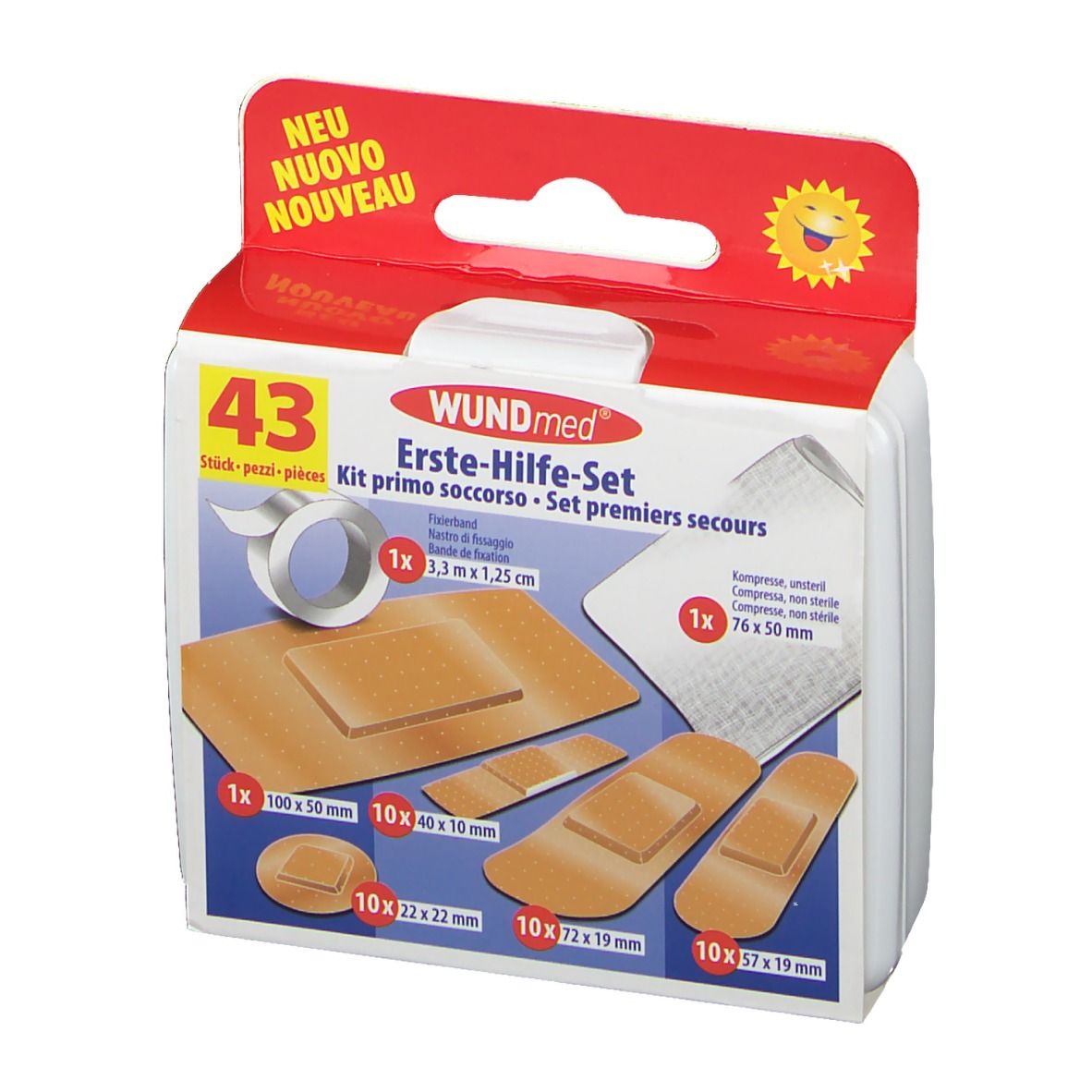 Trousse de premiers secours WUNDmed, 43 pièces. Contient pansements, compresses et bandages. Emballage avec informations.