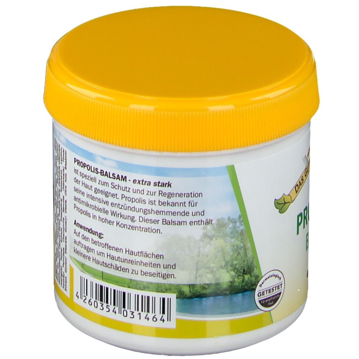 Pot blanc avec couvercle jaune. Dos avec description du produit et code-barres. Fabriqué en Allemagne.