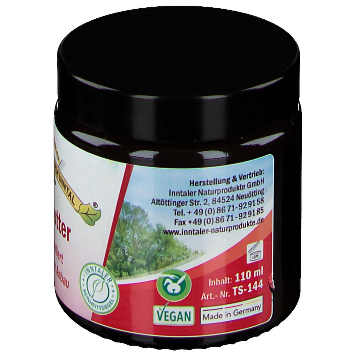 Pot avec couvercle noir. L'étiquette contient les coordonnées du fabricant, "Inhalt: 110 ml" et "Vegan".