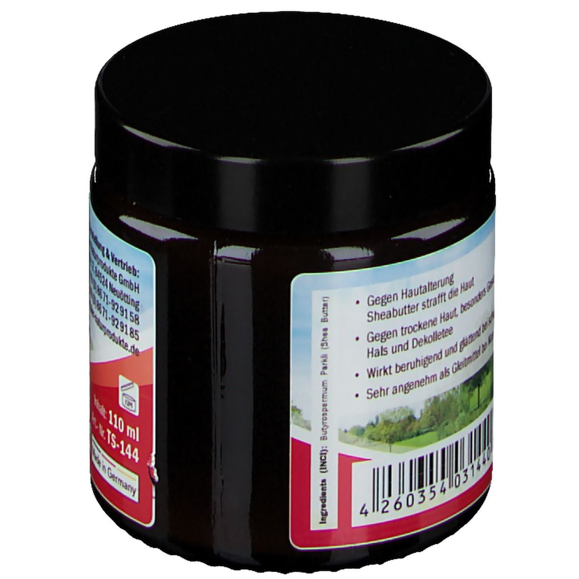 Pot avec couvercle noir. L'étiquette contient des informations sur le produit et un code-barres.