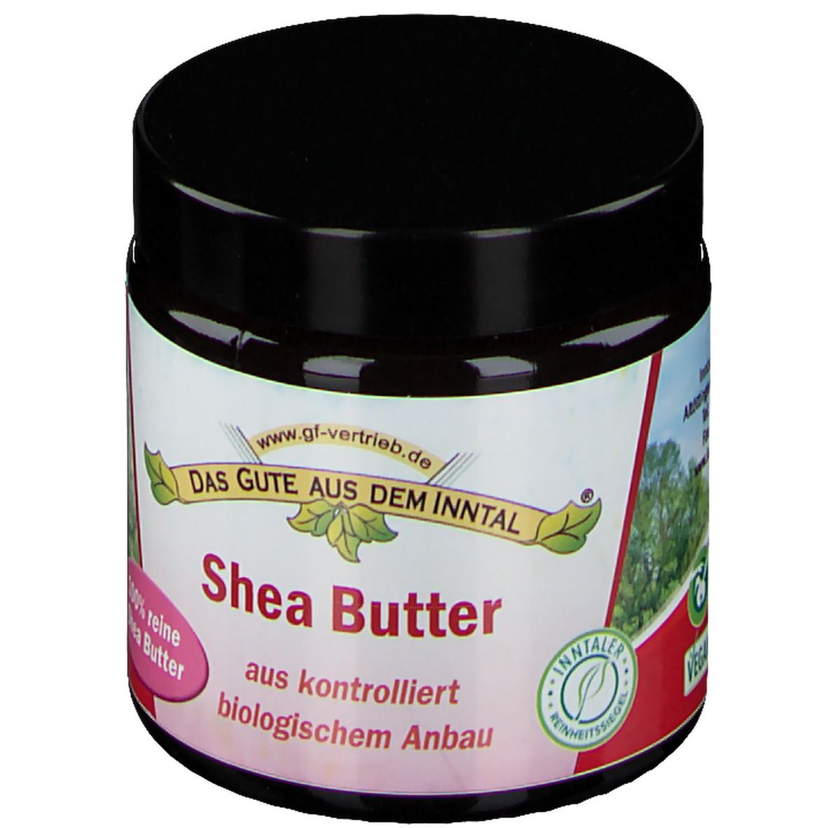 Pot rond avec couvercle noir. L'étiquette indique "Shea Butter" et "aus kontrolliert biologischem Anbau".