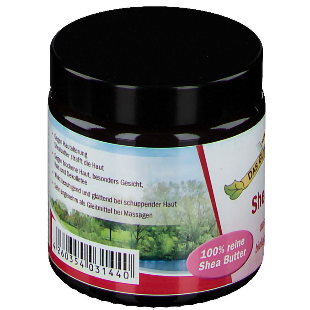 Pot avec couvercle noir. L'étiquette contient des informations sur le produit et un code-barres.