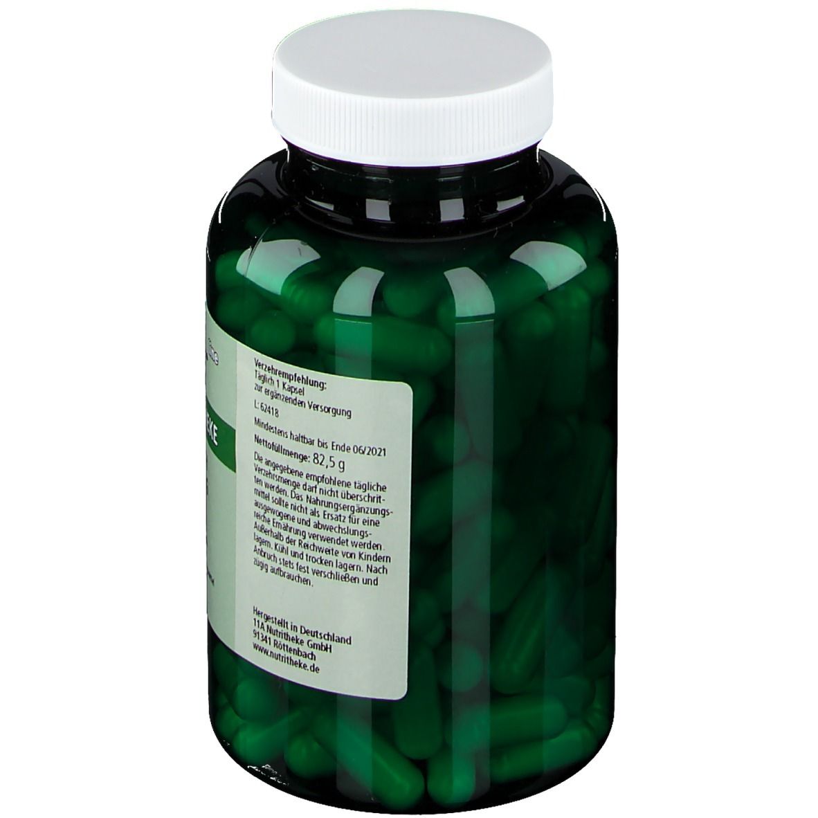 Rückansicht der grünen Kapseln in einer grünen Plastikflasche mit weißem Deckel. Etikett mit Text.