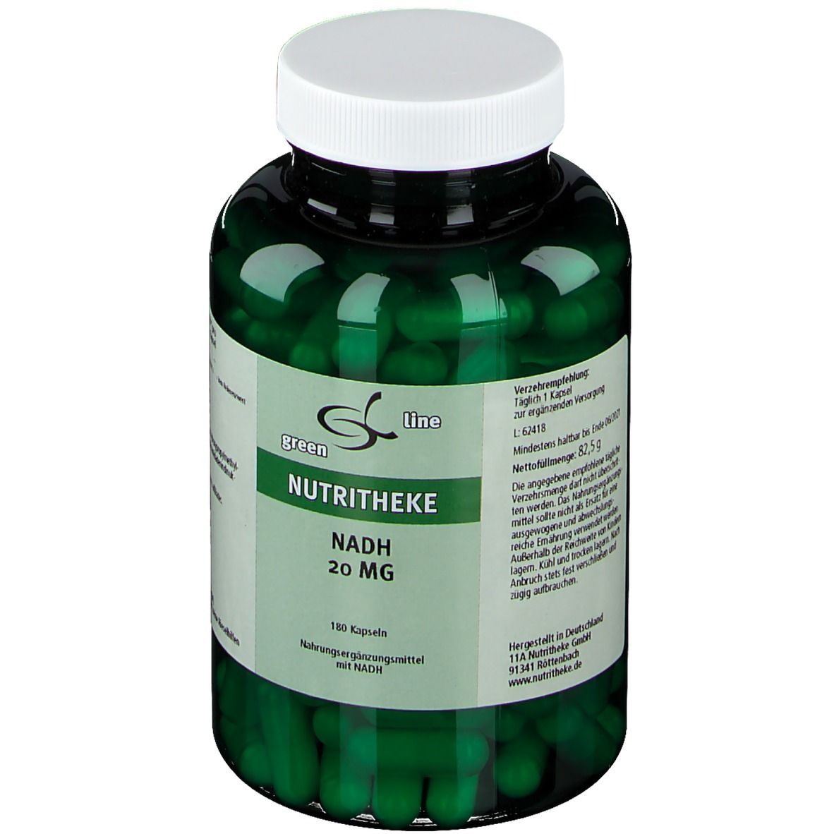 Grüne Kapseln in einer grünen Plastikflasche mit weißem Deckel. Etikett mit "NUTRITHEKE NADH 20 mg" und Text.