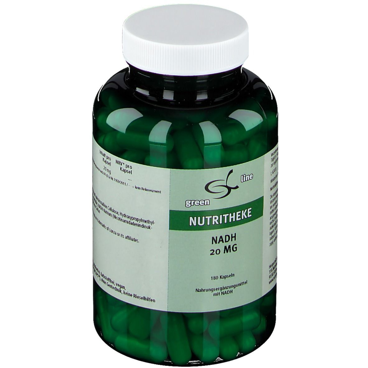 Grüne Kapseln in einer grünen Plastikflasche mit weißem Deckel. Etikett mit "NUTRITHEKE NADH 20 mg" und Text.