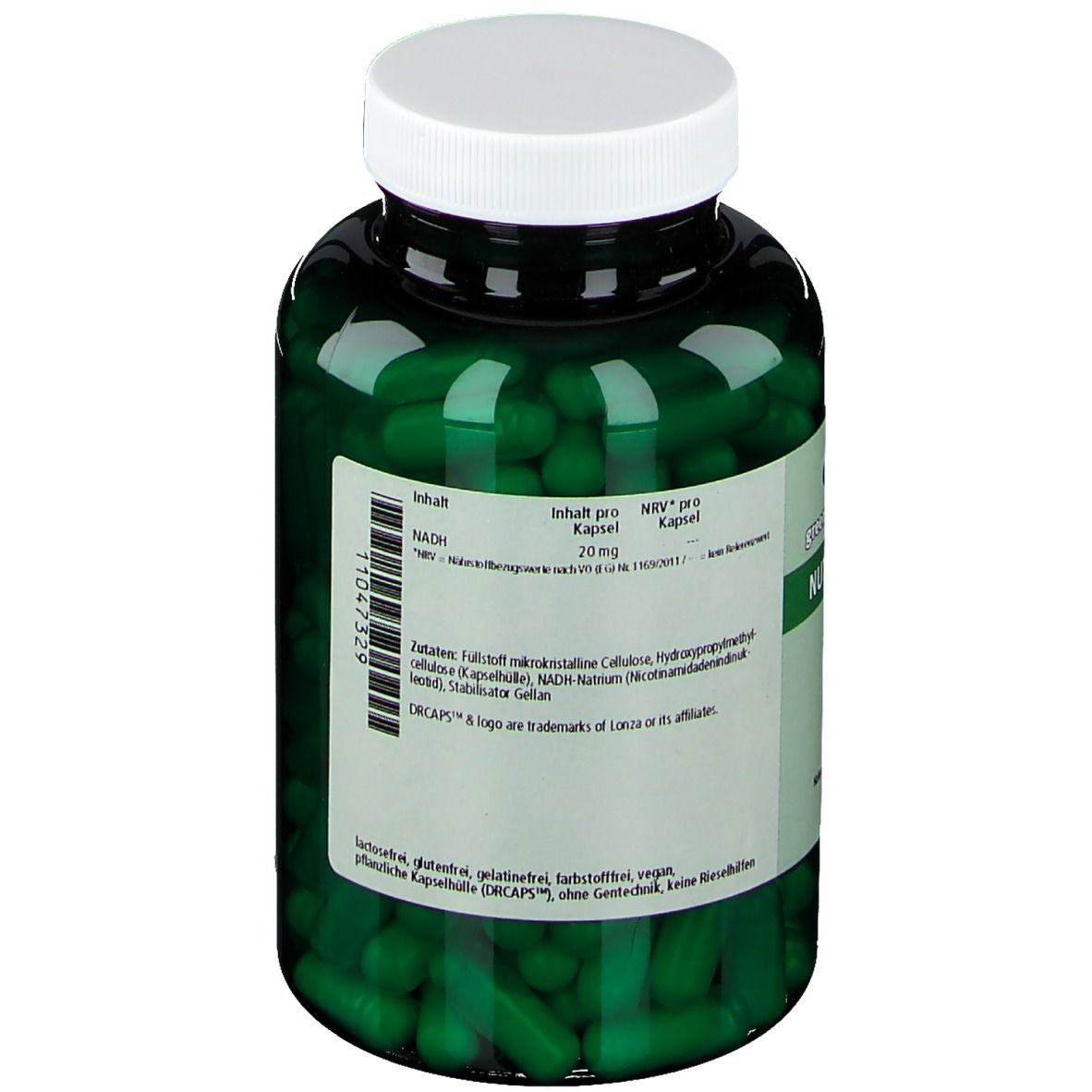 Rückansicht der grünen Kapseln in einer grünen Plastikflasche mit weißem Deckel. Etikett mit Inhaltsstoffen.