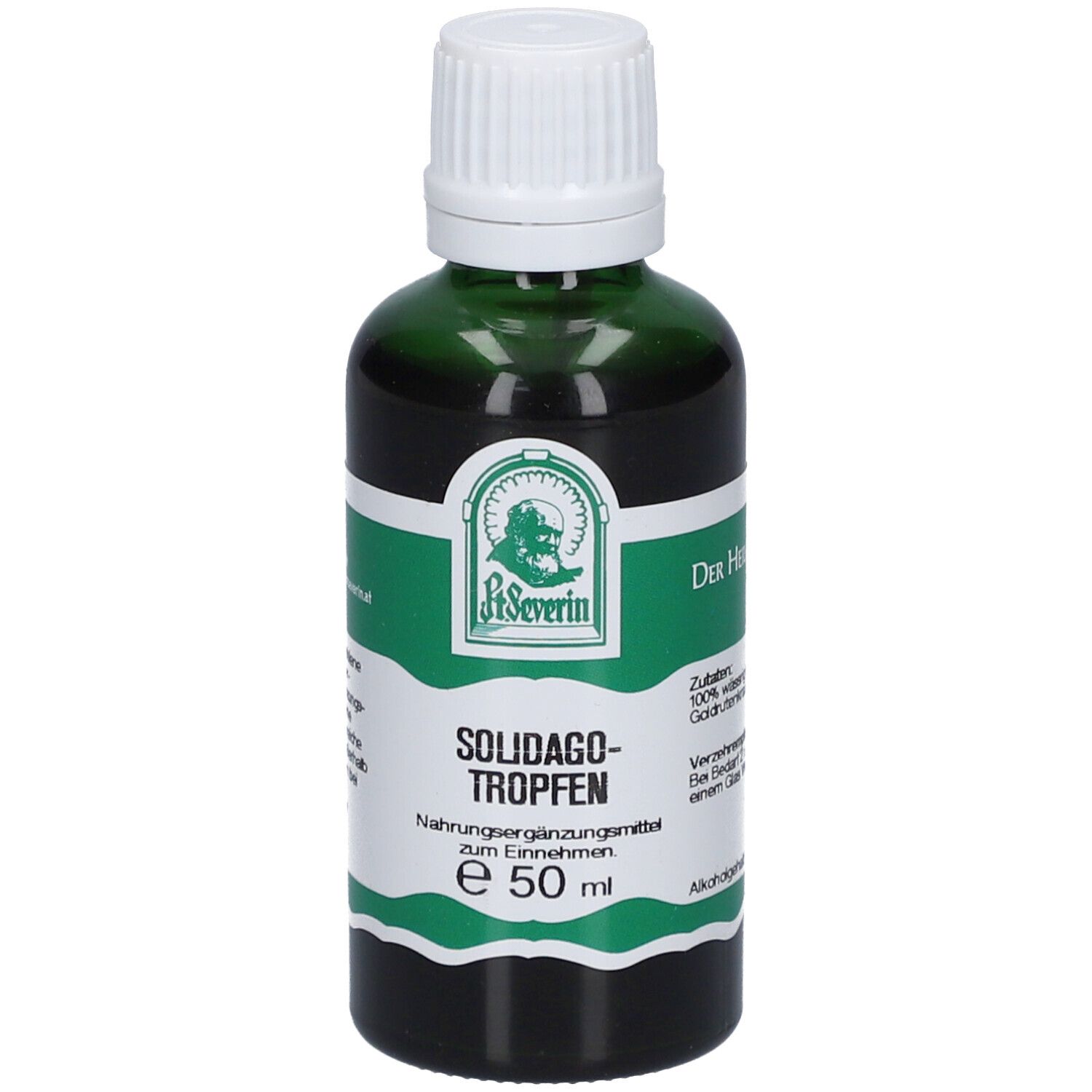 Grüne Glasflasche mit weißem Deckel. Etikett mit Produktname Solidago-Tropfen und Logo. 50 ml.