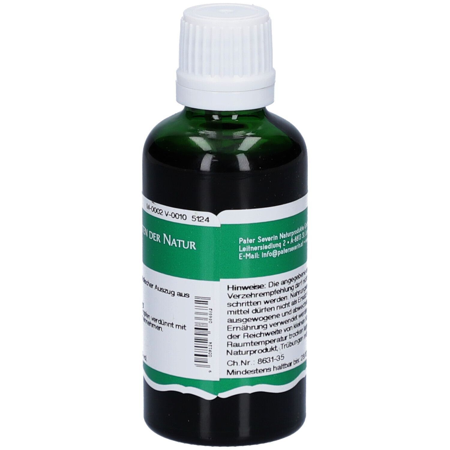 Grüne Glasflasche mit weißem Deckel. Etikett mit Text und grünen Streifen. Rückansicht.