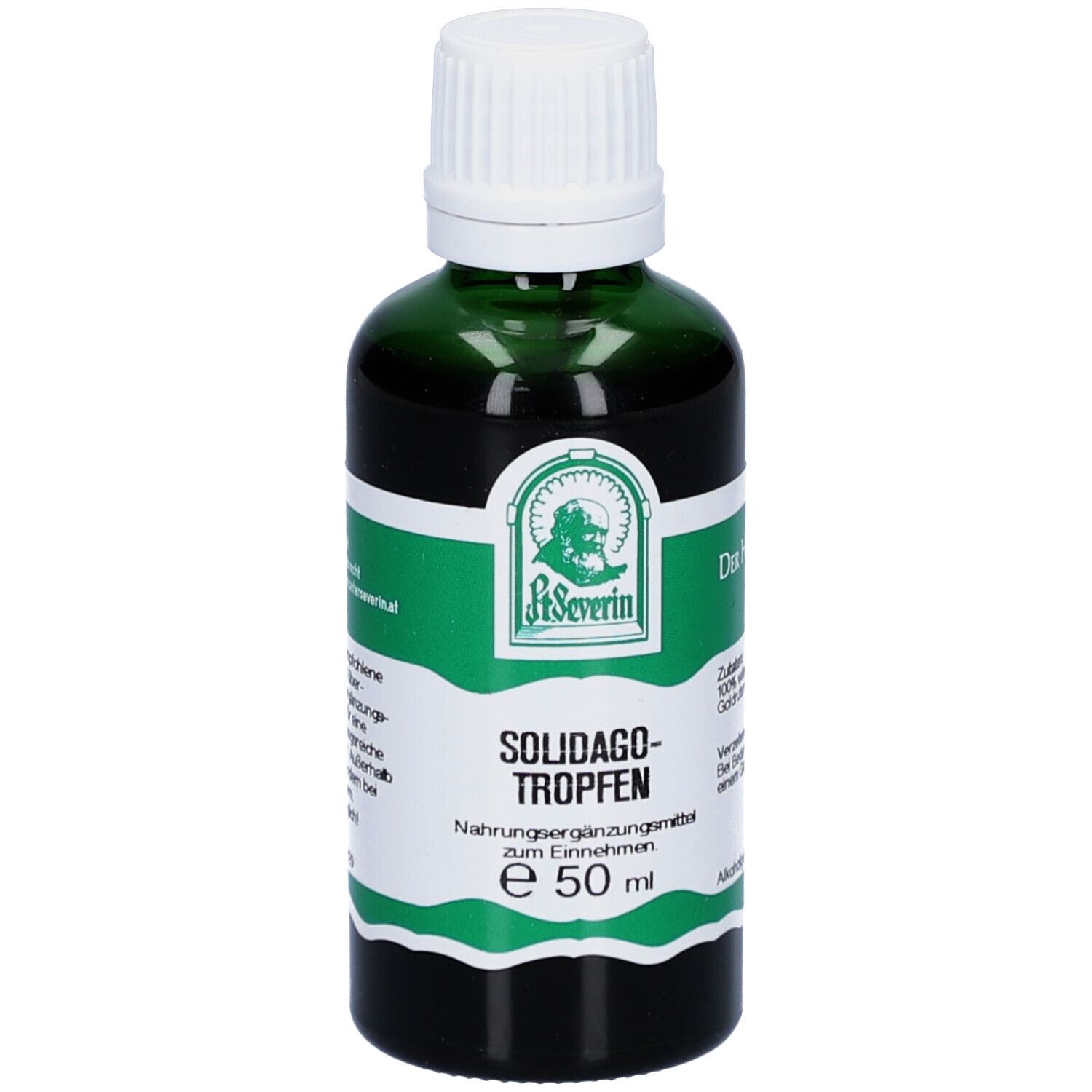 Grüne Glasflasche mit weißem Deckel. Etikett mit Produktname Solidago-Tropfen und Logo. 50 ml.