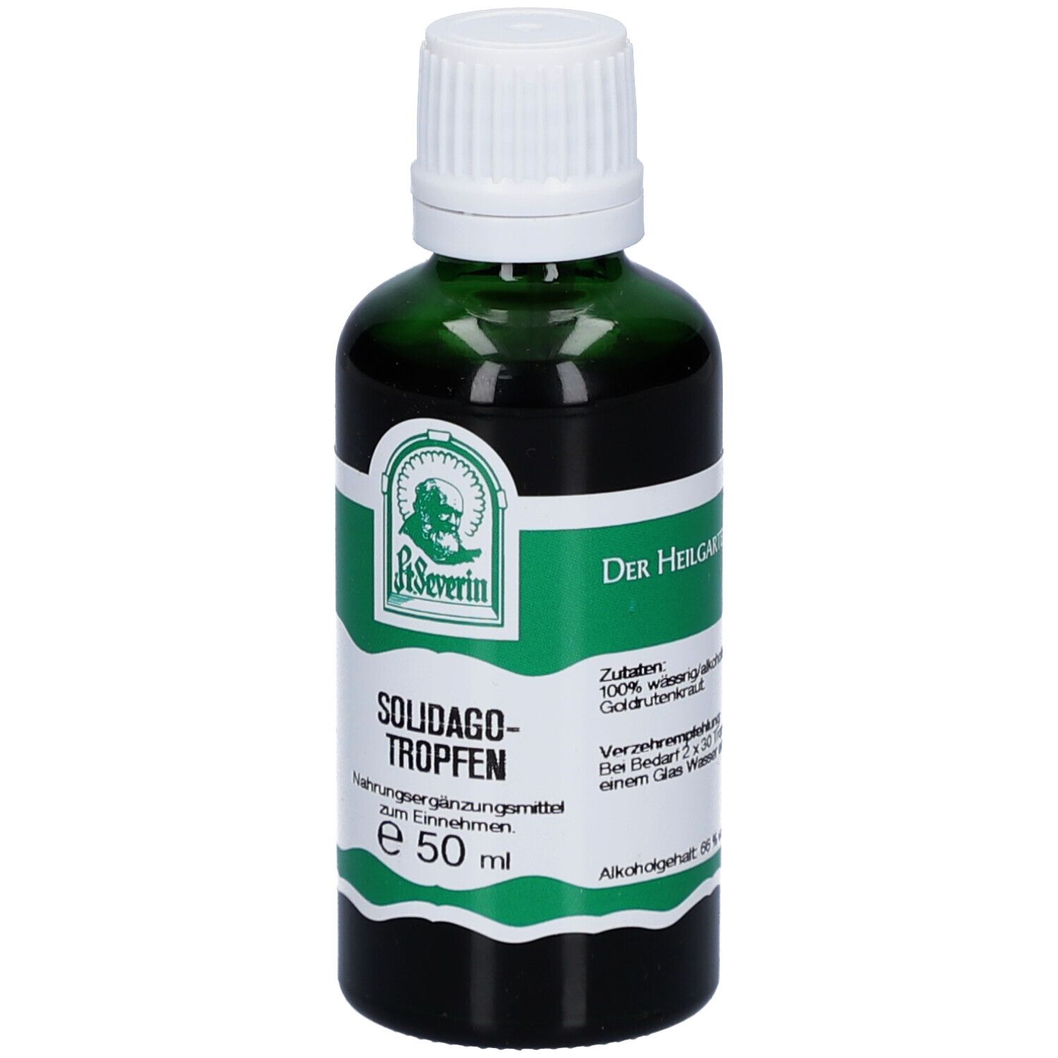 Grüne Glasflasche mit weißem Deckel. Etikett mit Produktname Solidago-Tropfen und Logo. 50 ml.