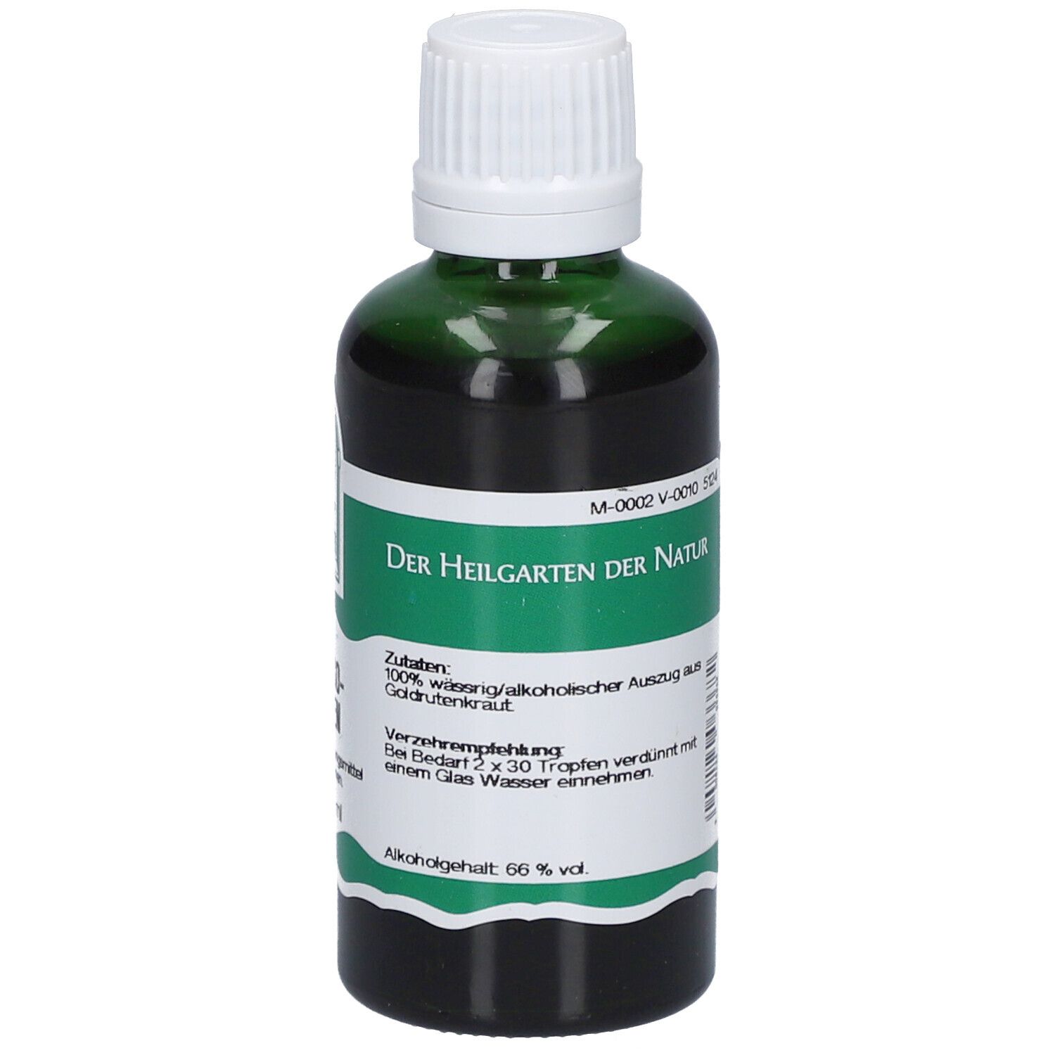 Grüne Glasflasche mit weißem Deckel. Etikett mit Text und grünen Streifen. Rückansicht.