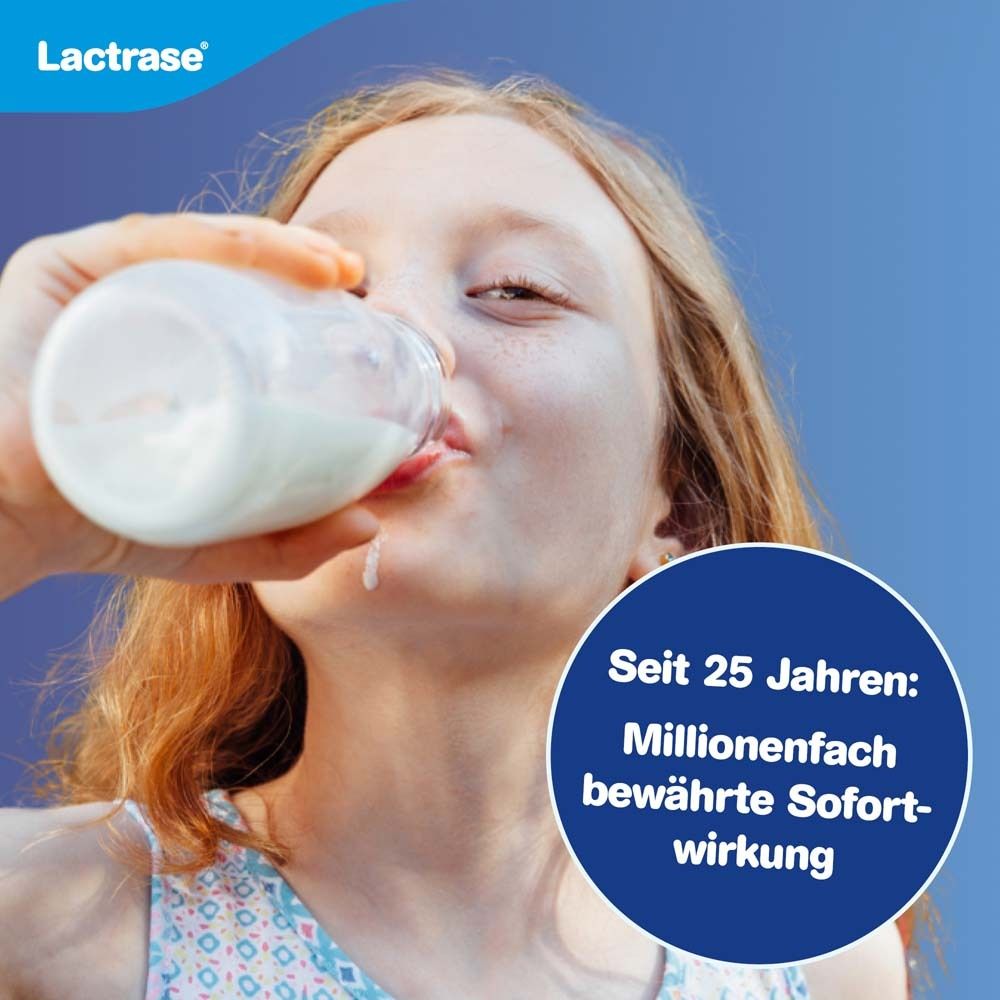 Mädchen trinkt Milch aus Flasche. Text: Seit 25 Jahren: Millionenfach bewährte Sofortwirkung. Lactrase Logo. Blauer Hintergrund.
