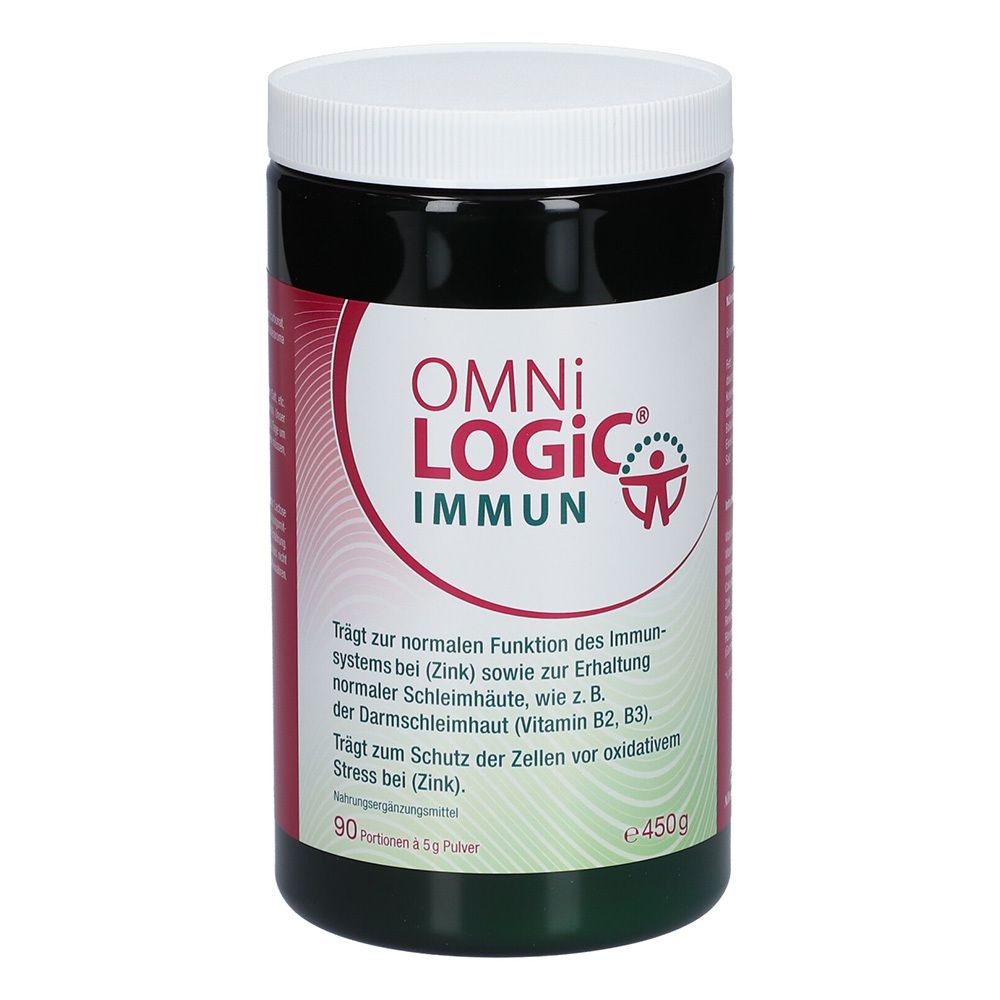 OMNi-LOGiC IMMUN-Behälter. Schwarzer Behälter mit weißem Deckel. Produktname und Logo sichtbar. Enthält 90 Portionen Pulver.