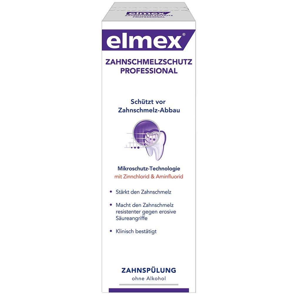 Elmex Zahnschmelzschutz Professional Zahnspülung. Weiße Verpackung mit Produktinformationen und Logo.