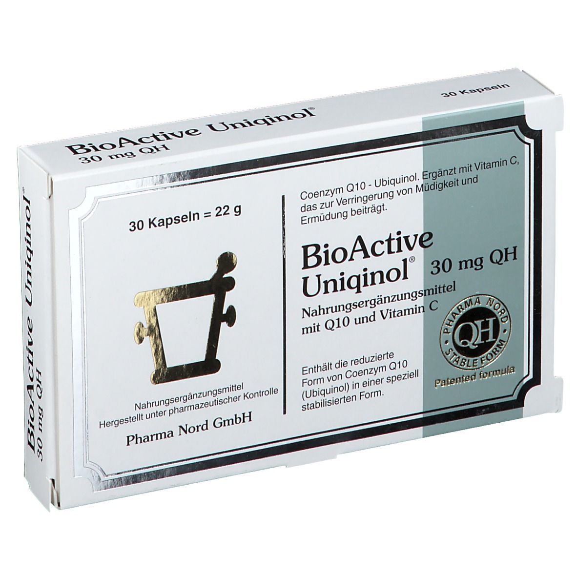 Boîte blanche avec nom et logo du produit. Contient 30 gélules. Pharma Nord GmbH.