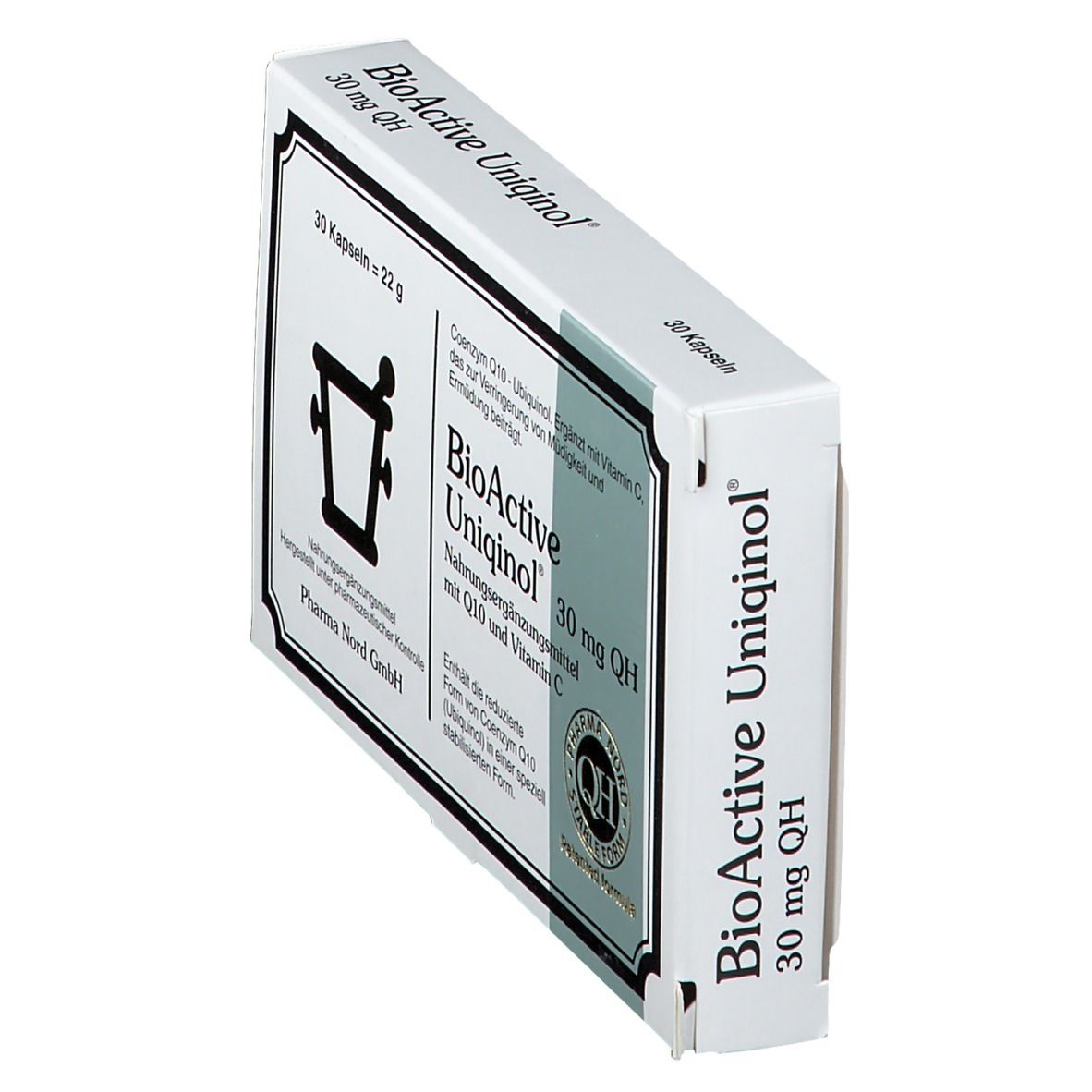 Emballage produit blanc en biais. Inscription : BioActive Uniqinol 30 mg QH. 30 gélules.