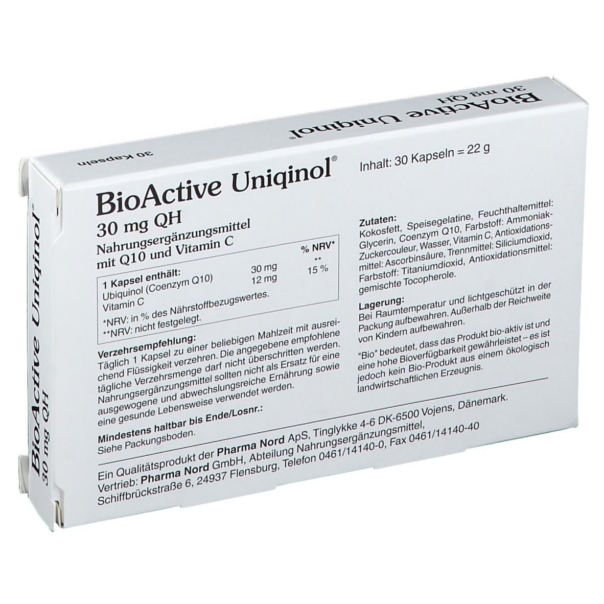 Emballage produit ouvert avec informations. Contient 30 gélules. Pharma Nord GmbH.