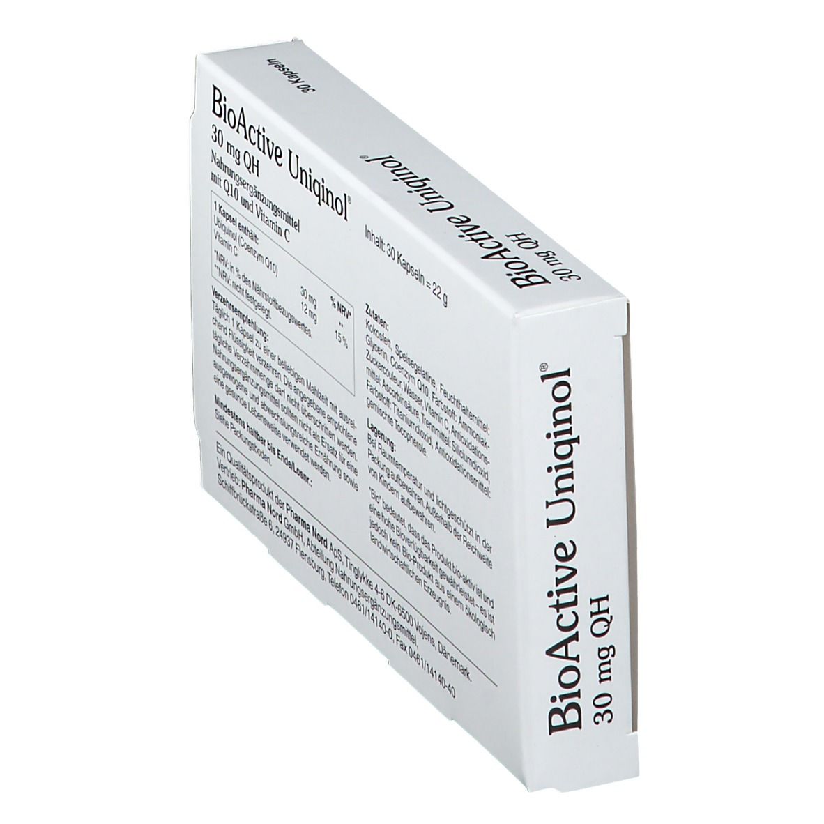 Emballage produit incliné avec informations. 30 gélules. Pharma Nord GmbH.