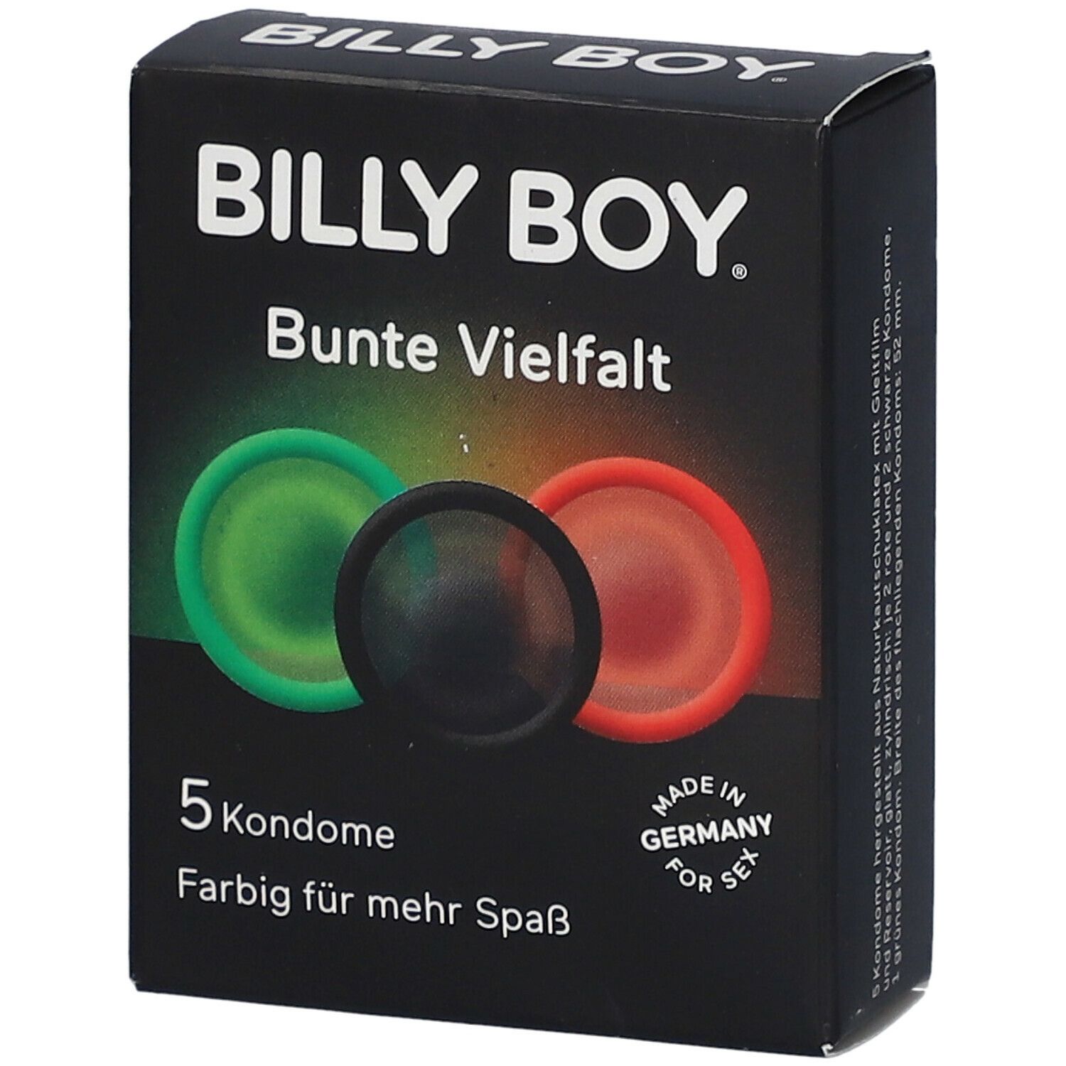 Packung mit 5 bunten Kondomen (grün, schwarz, rot) der Marke BILLY BOY.