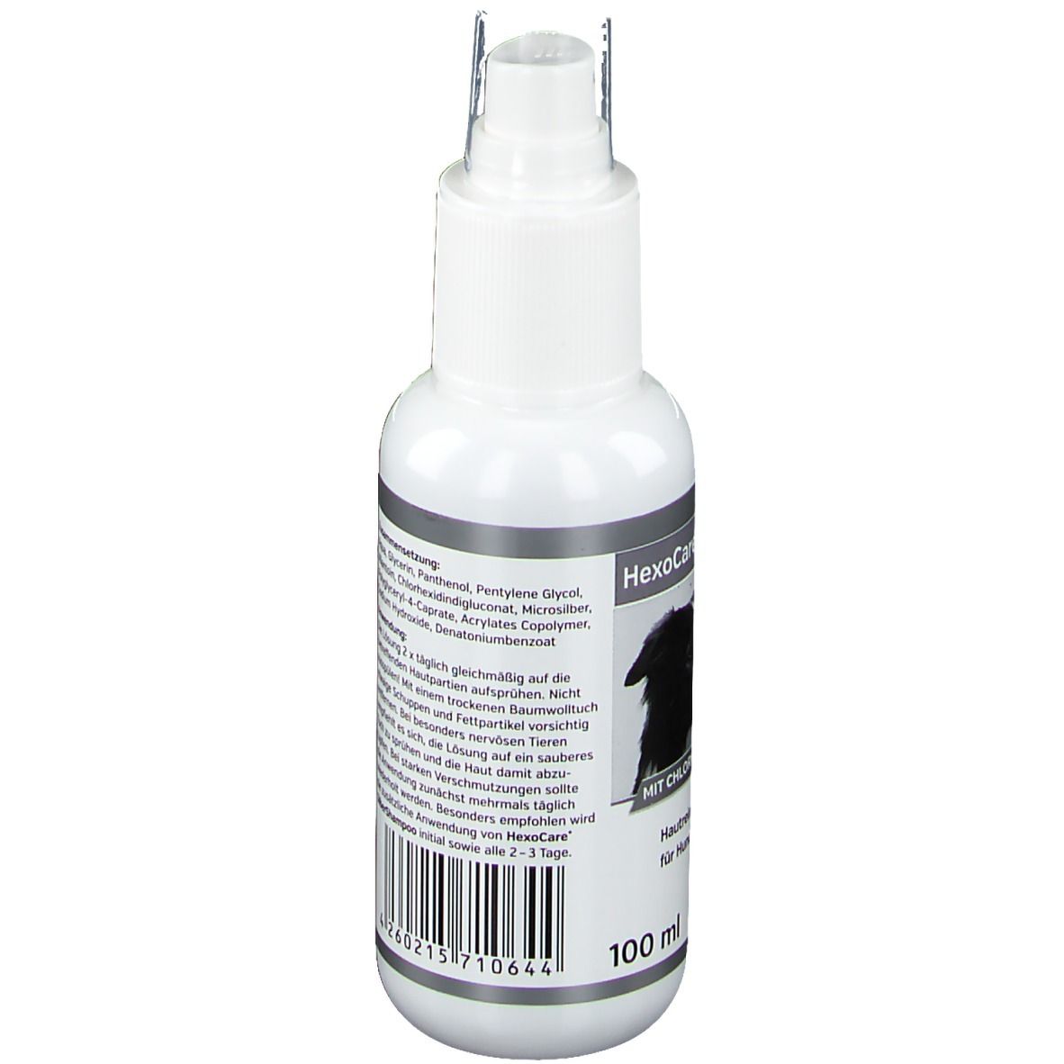 Weiße Sprühflasche mit Etikett. Aufschrift: HexoCare Silberspray, für Hunde und Katzen. 100 ml. Barcode.