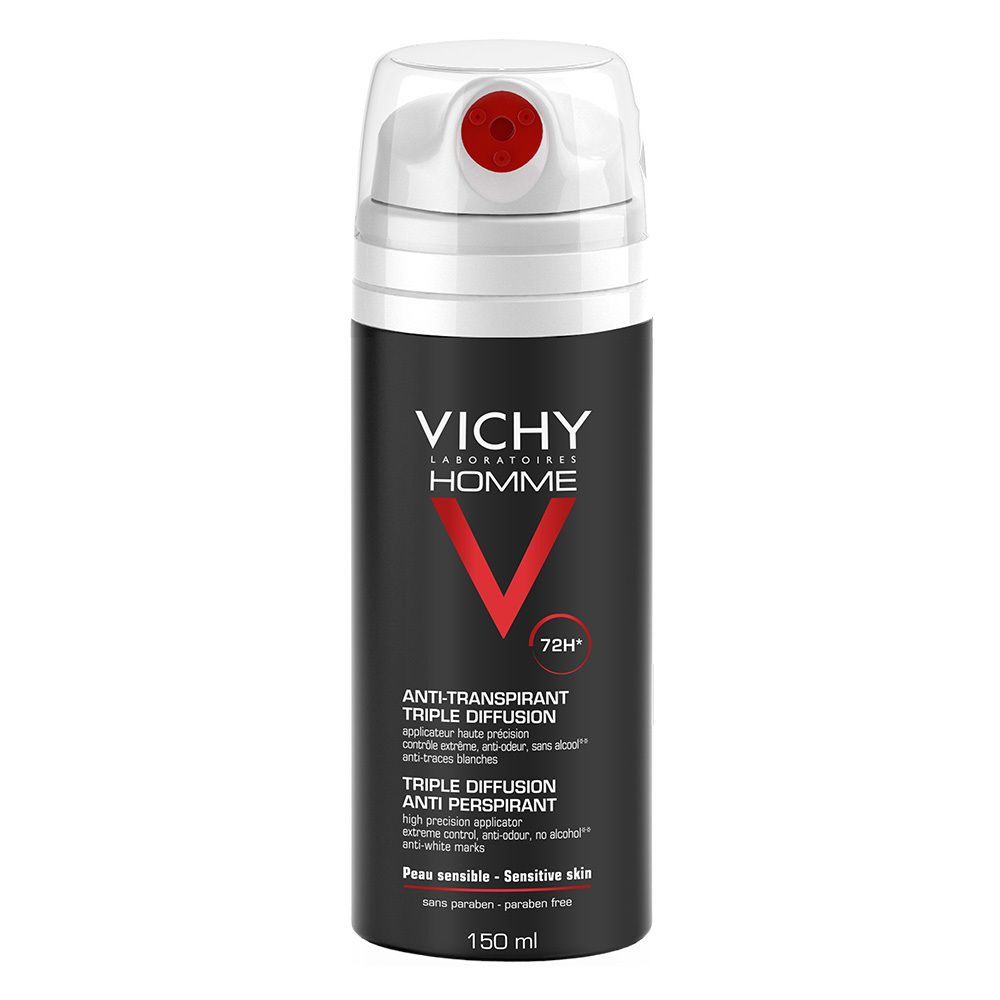 Deospray, schwarz-weiß mit rotem Sprühkopf. VICHY HOMME Schriftzug. Anti-Transpirant, 150 ml.