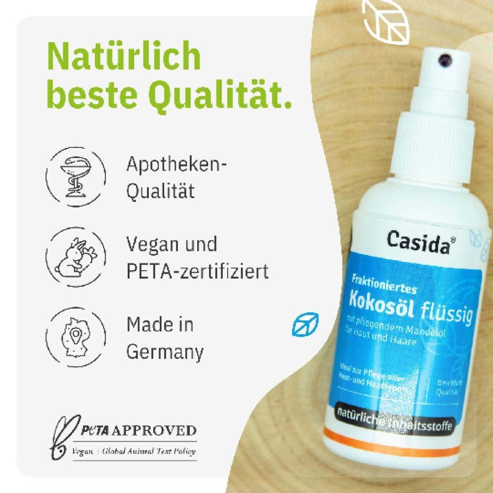 Flacon de produit sur bois. Texte : Meilleure qualité naturelle. Label PETA, qualité pharmacie.