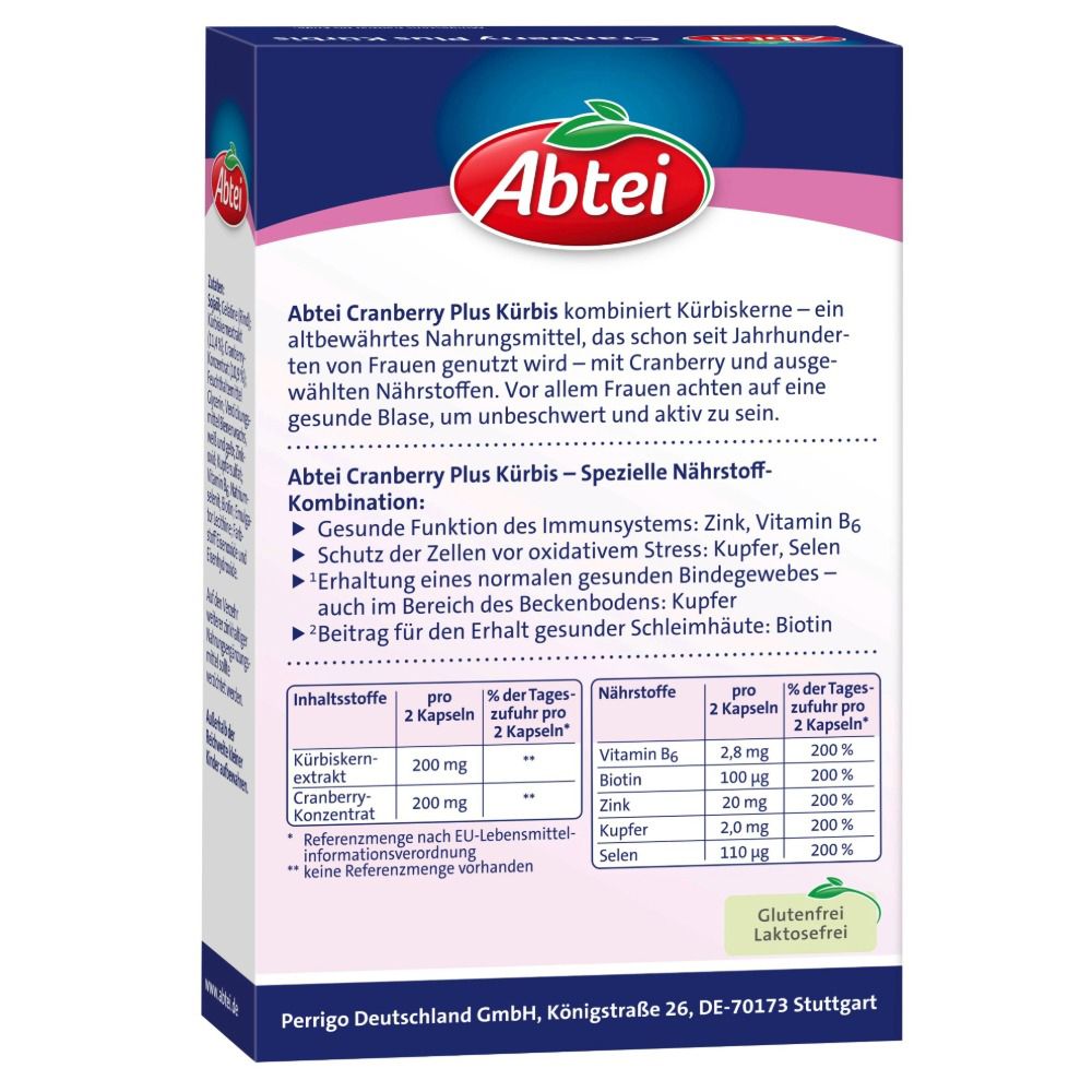 Dos de la boîte Abtei Cranberry Plus Kürbis. Informations sur les ingrédients et la valeur nutritionnelle. Sans gluten ni lactose.