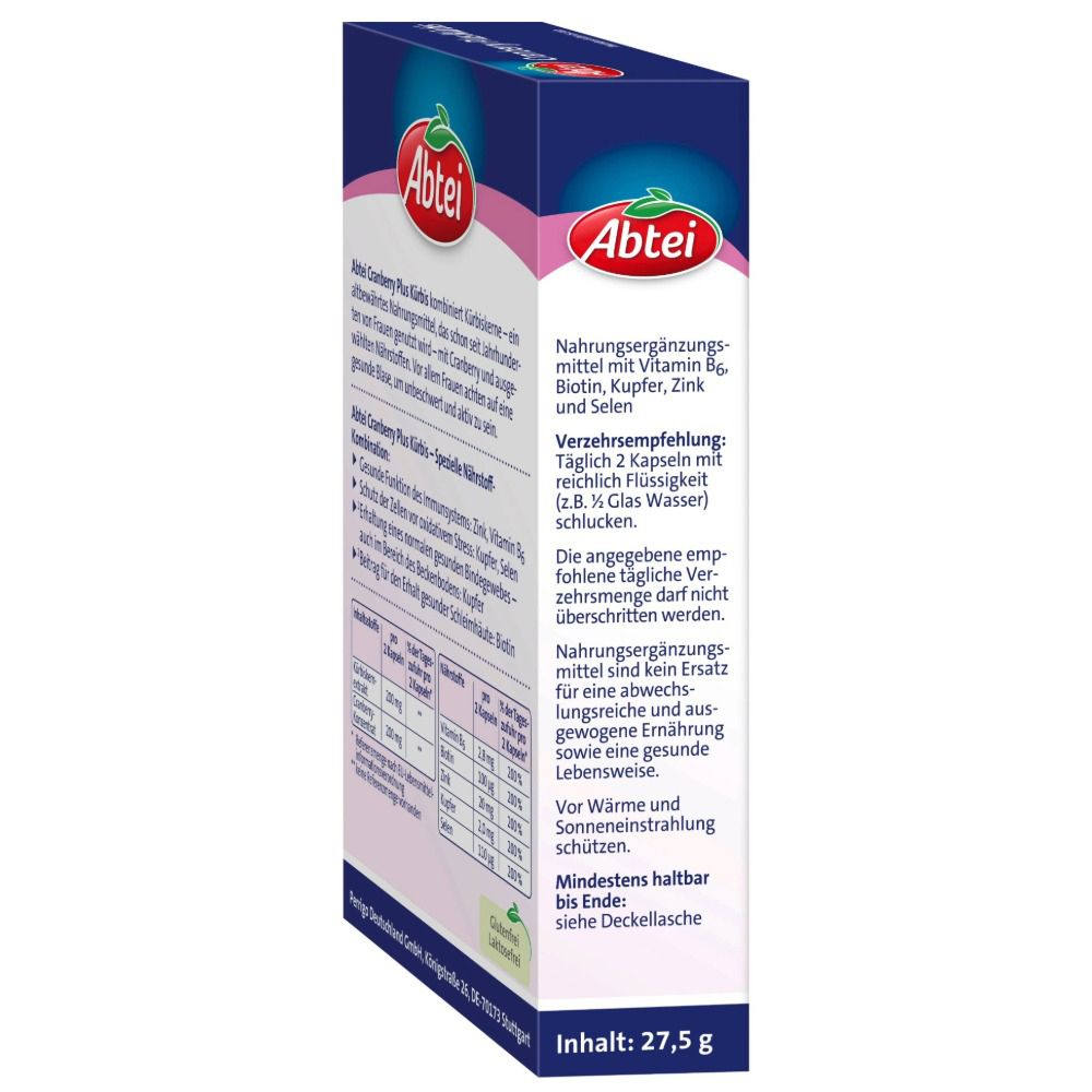 Vue latérale de la boîte Abtei Cranberry Plus Kürbis. Informations sur la prise et les valeurs nutritionnelles. Contenu : 27,5 g.