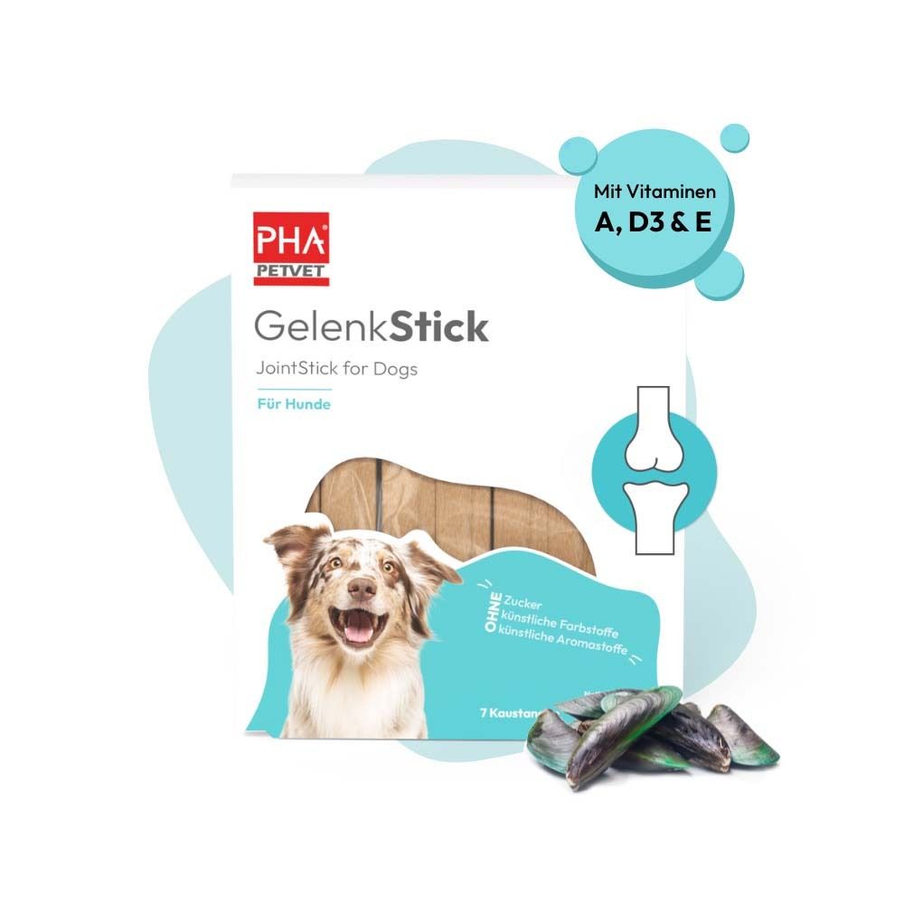PHA GelenkStick pour chiens. Emballage avec image du produit et moules vertes. Inscription : Avec vitamines A, D3 & E.