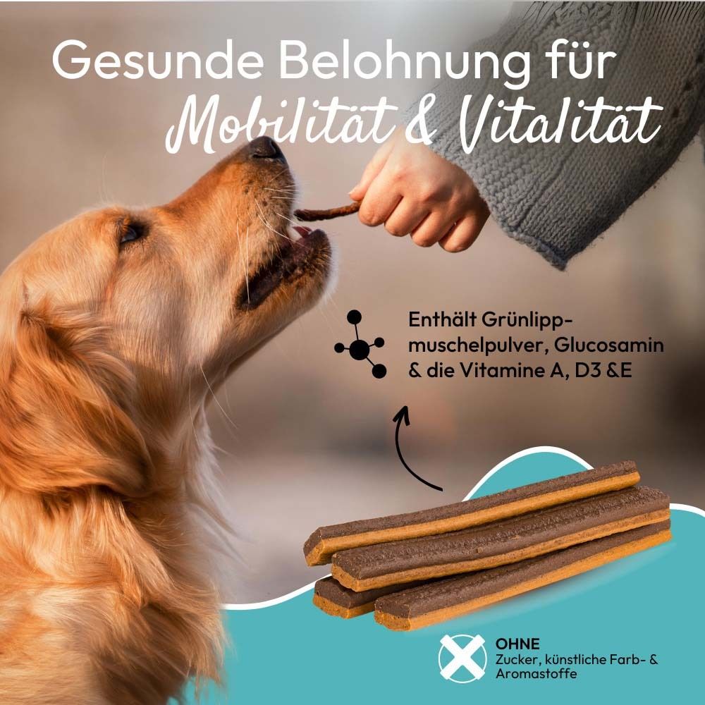 Chien mange un bâtonnet. Texte : Récompense saine pour la mobilité et la vitalité. Contient de la poudre de moules vertes, de la glucosamine et des vitamines.