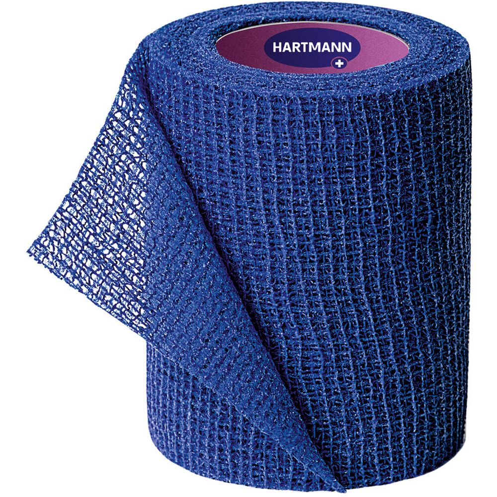 Nahaufnahme einer blauen Fixierbinde. Sichtbare Netzstruktur. Produktname und Marke nicht sichtbar.
