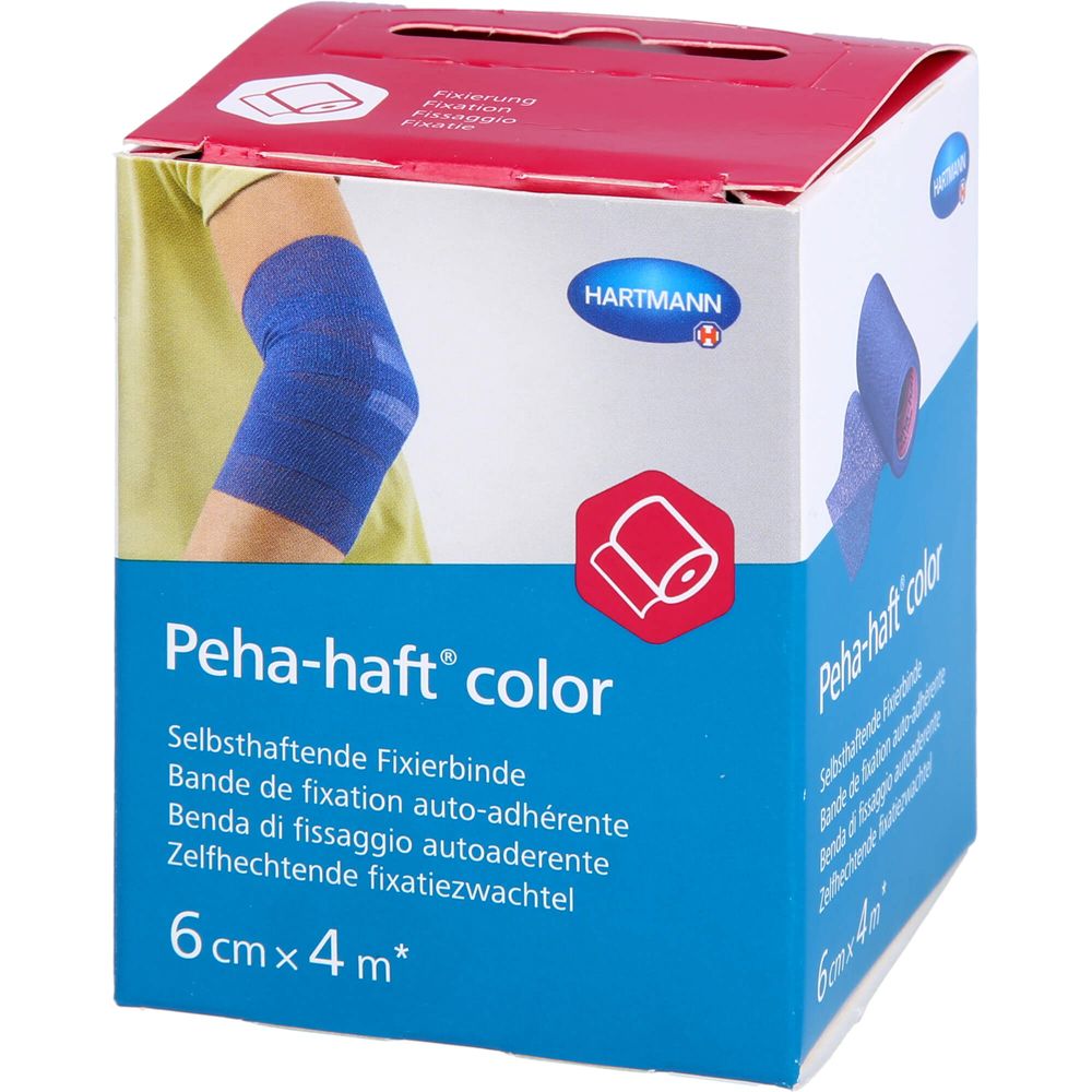 Blau-weiße Verpackung mit blauem Verband am Arm. Aufschrift: Peha-haft color, 6 cm x 4 m. Marke: HARTMANN.