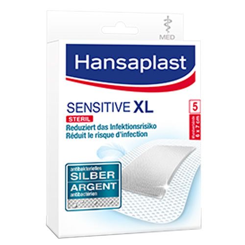 Hansaplast MED XL Sensitiv Pflaster. Weiße Verpackung mit Produktinformationen und Logo. 5 Pflaster, 6x7 cm.