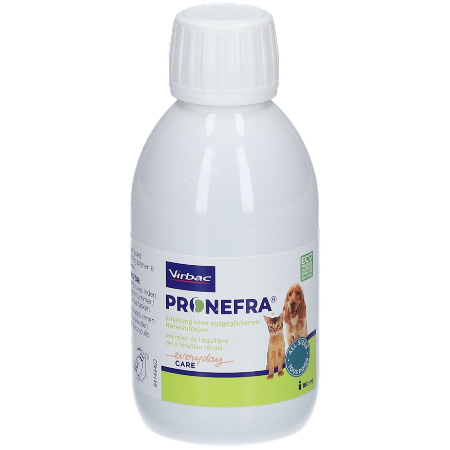 Weiße Flasche mit Schraubverschluss. Aufschrift: Pronefra, Virbac. Abbildung von Katze und Hund. 180 ml.