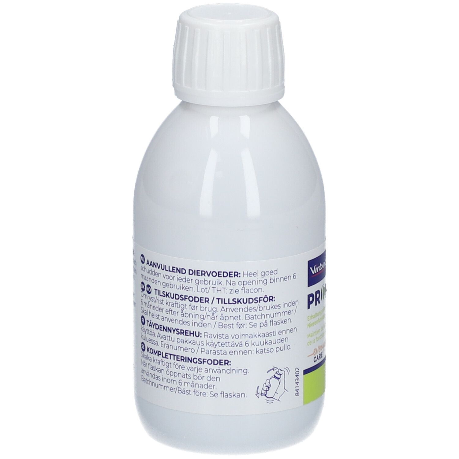 Rückseite einer weißen Flasche mit Schraubverschluss. Text in mehreren Sprachen. Virbac Logo. Öko-Logo.