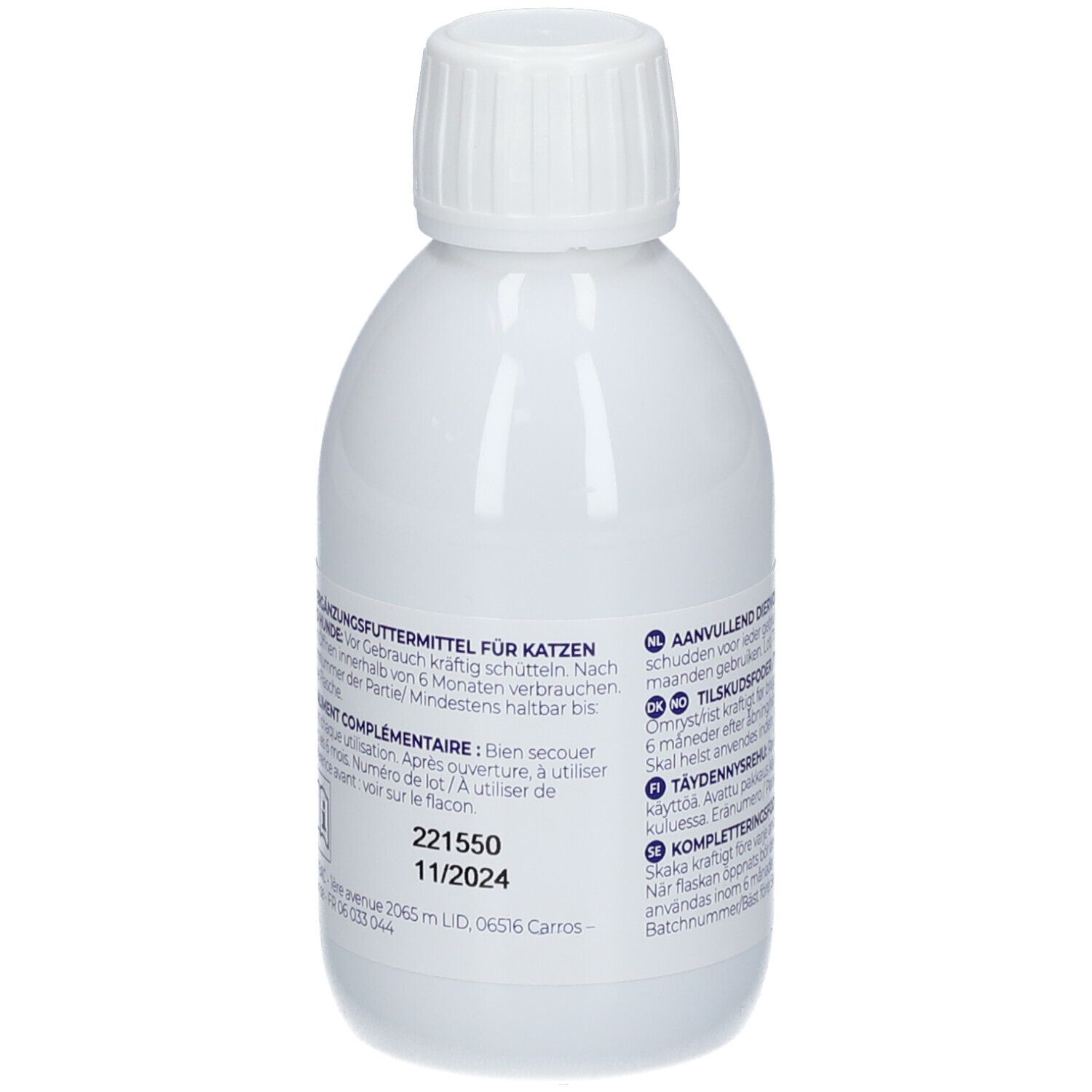 Rückseite einer weißen Flasche mit Schraubverschluss. Text in mehreren Sprachen. Mindestens haltbar bis 11/2024.