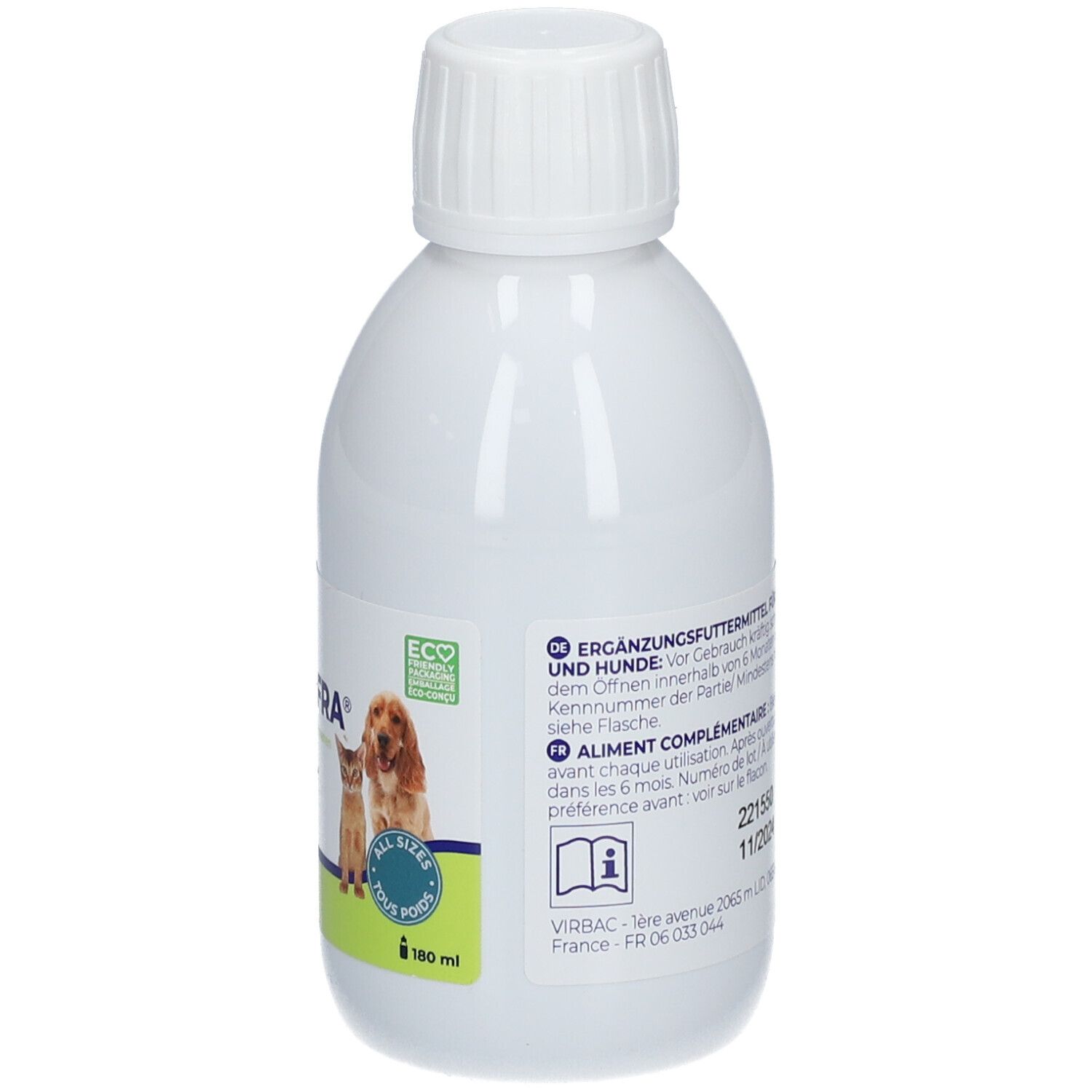 Weiße Flasche mit Schraubverschluss. Text in mehreren Sprachen. Virbac Logo. Öko-Logo. 180 ml.