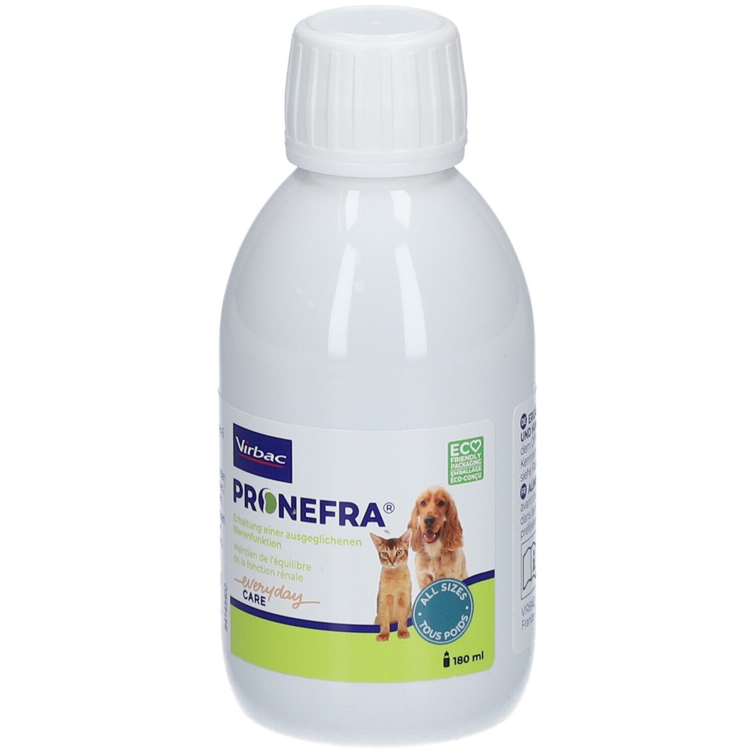 Weiße Flasche mit Schraubverschluss. Aufschrift: Pronefra, Virbac. Abbildung von Katze und Hund. 180 ml.