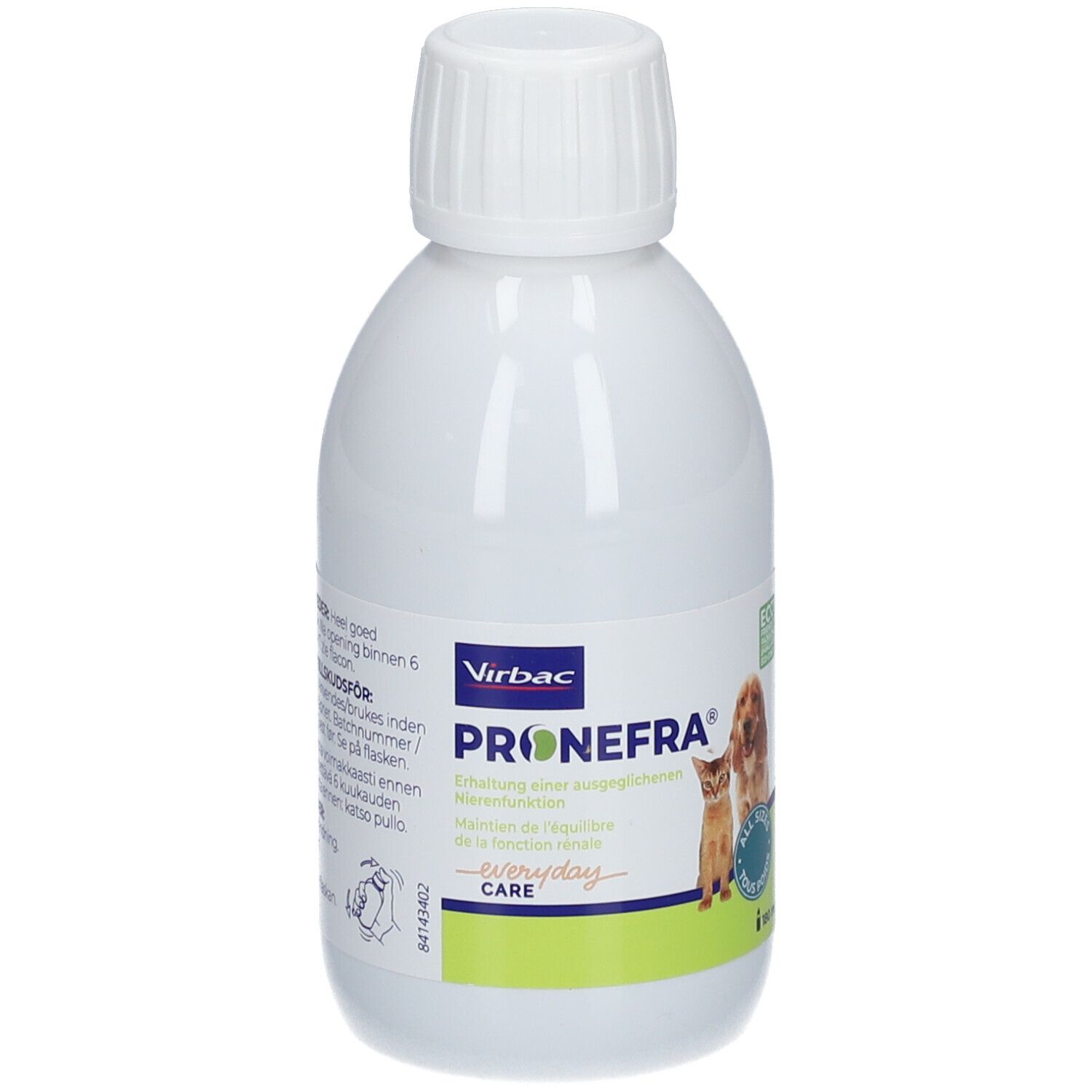 Weiße Flasche mit Schraubverschluss. Aufschrift: Pronefra, Virbac. Abbildung von Katze und Hund. 180 ml.