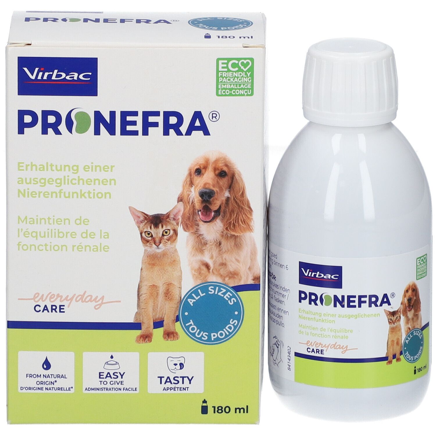 Produktverpackung und Flasche. Aufschrift: Pronefra, Virbac. Abbildung von Katze und Hund. 180 ml. Öko-Logo.