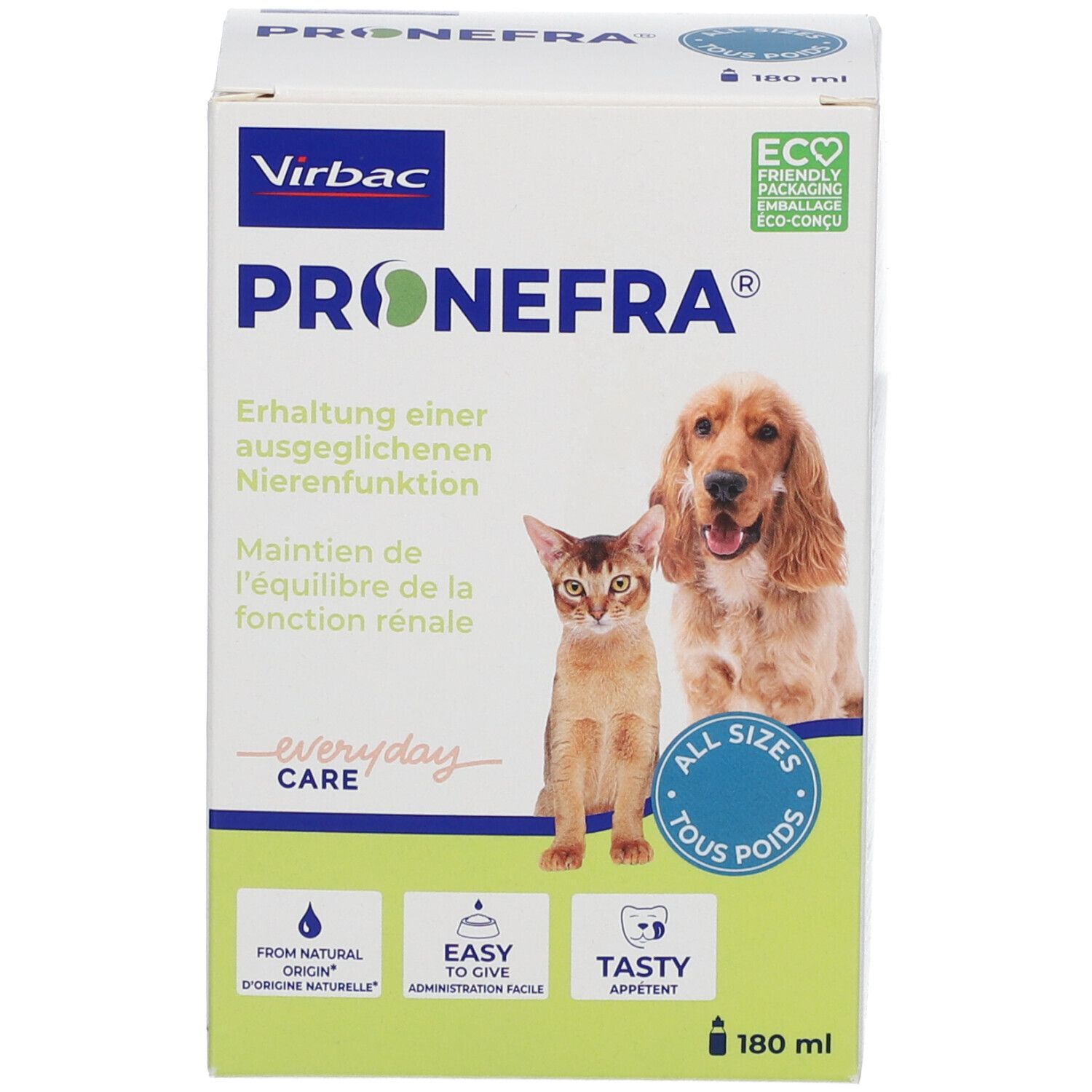 Produktverpackung. Aufschrift: Pronefra, Virbac. Abbildung von Katze und Hund. 180 ml. Öko-Logo.