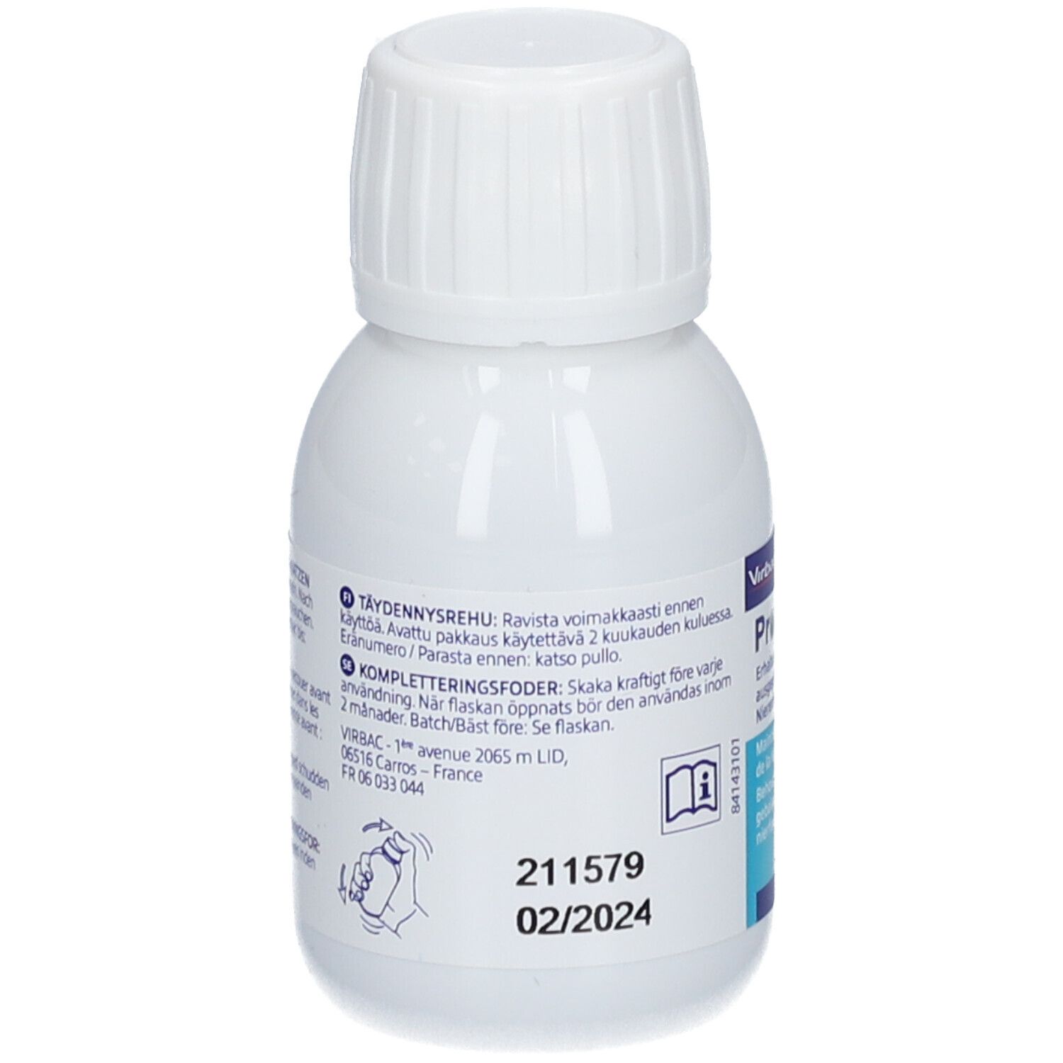 Flacon blanc avec bouchon blanc. Inscriptions et pictogrammes. Numéro de lot et date de péremption: 02/2024.
