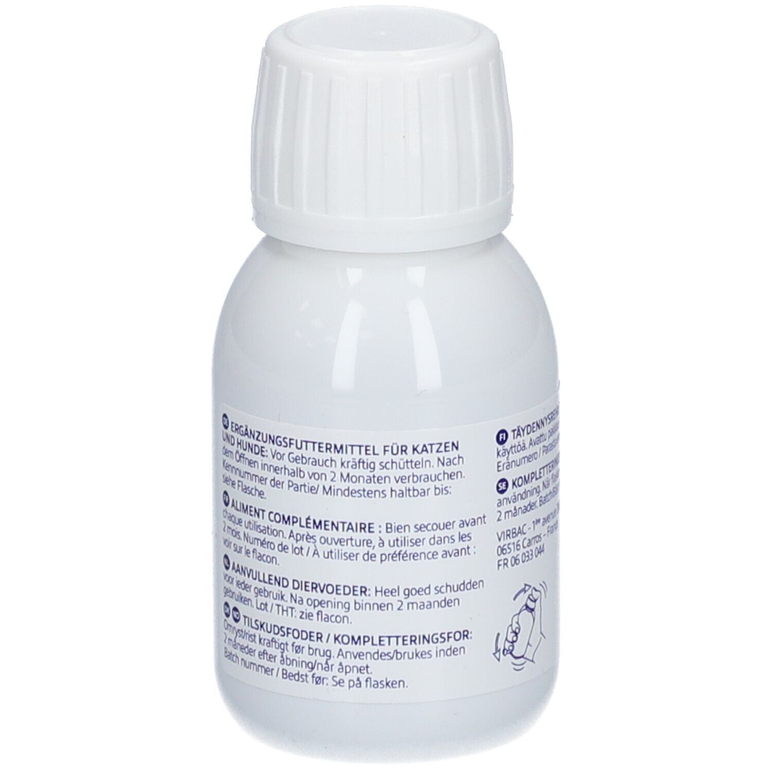 Flacon blanc avec bouchon blanc. Texte multilingue. Pictogramme: Agiter avant emploi.