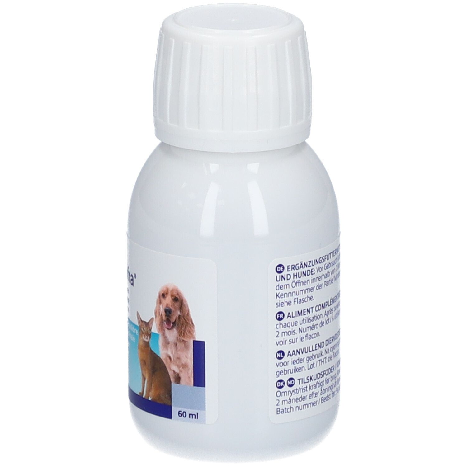 Flacon blanc avec bouchon blanc. Inscription: Aliment complémentaire pour chats. Illustration chat et chien. 60 ml.