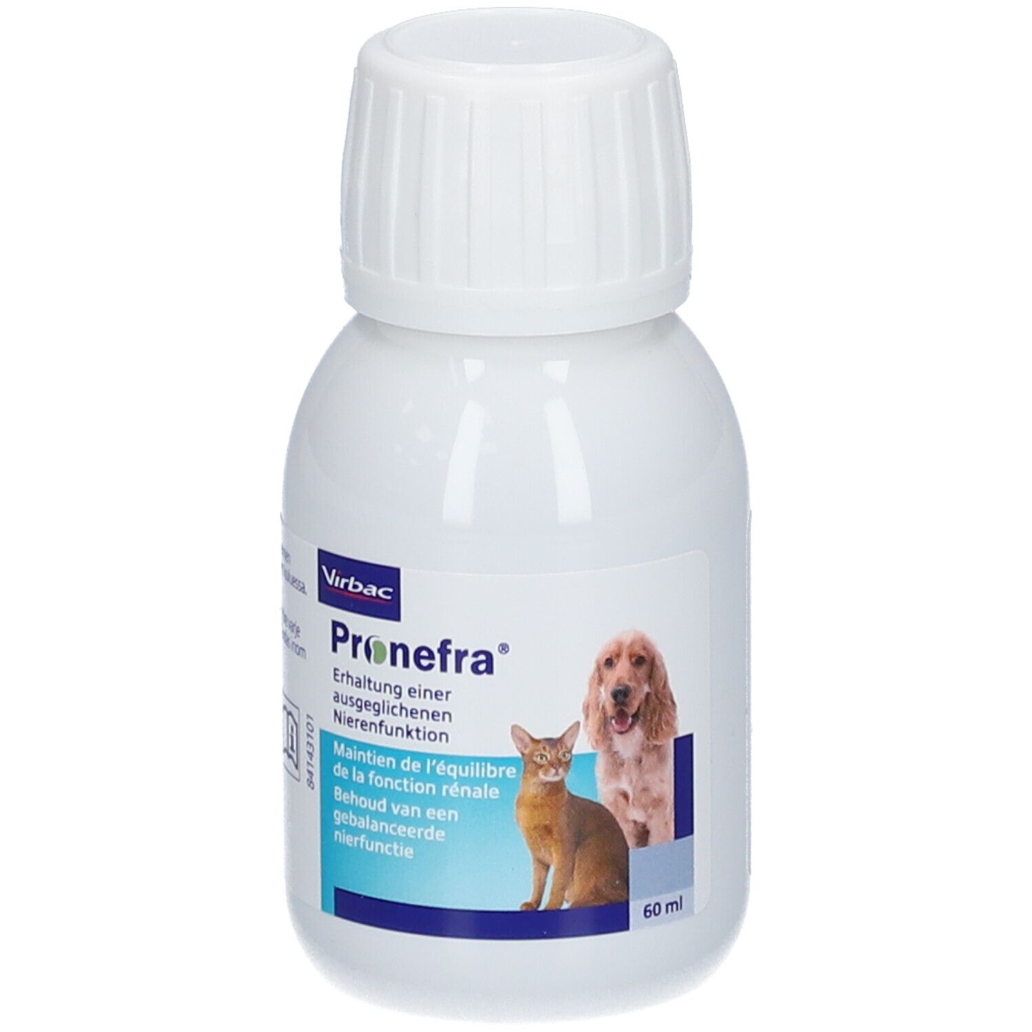 Flacon blanc avec bouchon blanc. Inscription: Virbac Pronefra. Illustration chat et chien. 60 ml.