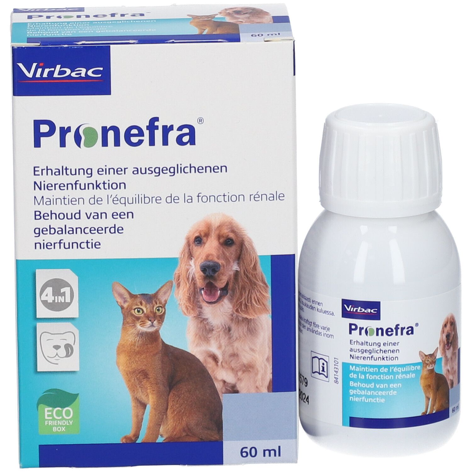 Emballage et flacon. Inscription: Virbac Pronefra. Illustration chat et chien. 60 ml. Symbole 4-en-1.