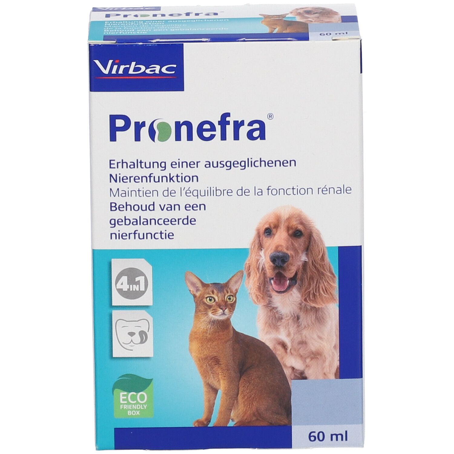 Emballage. Inscription: Virbac Pronefra. Illustration chat et chien. 60 ml. Symbole 4-en-1. Logo Eco-Box.